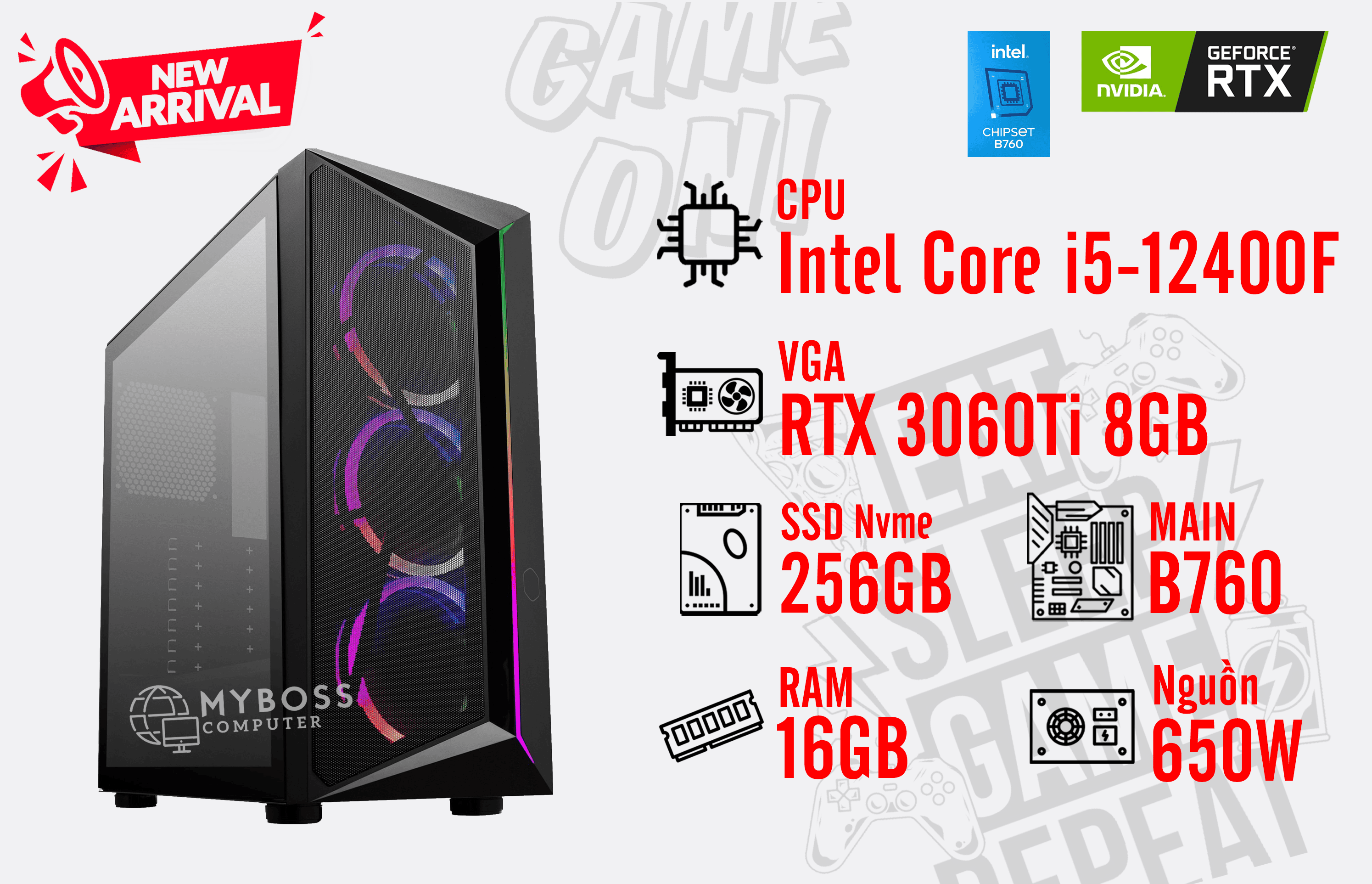 Bộ PC I5-12400F/ Ram 16G/ SSD Nvme 256G/ VGA RTX 3060Ti