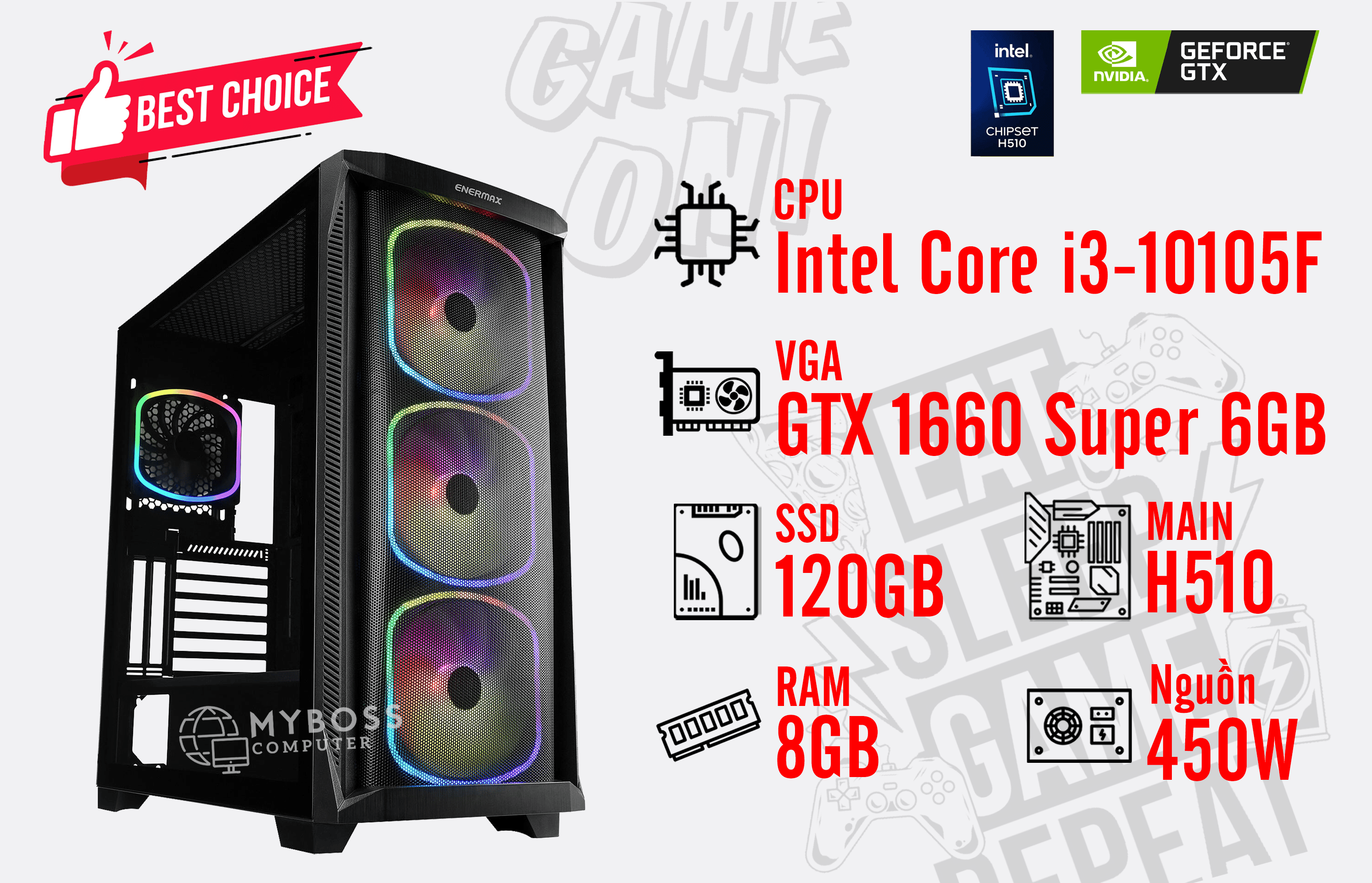 Bộ PC I3-10105F/ Ram 8G/ SSD 120G/ VGA GTX 1660 Super