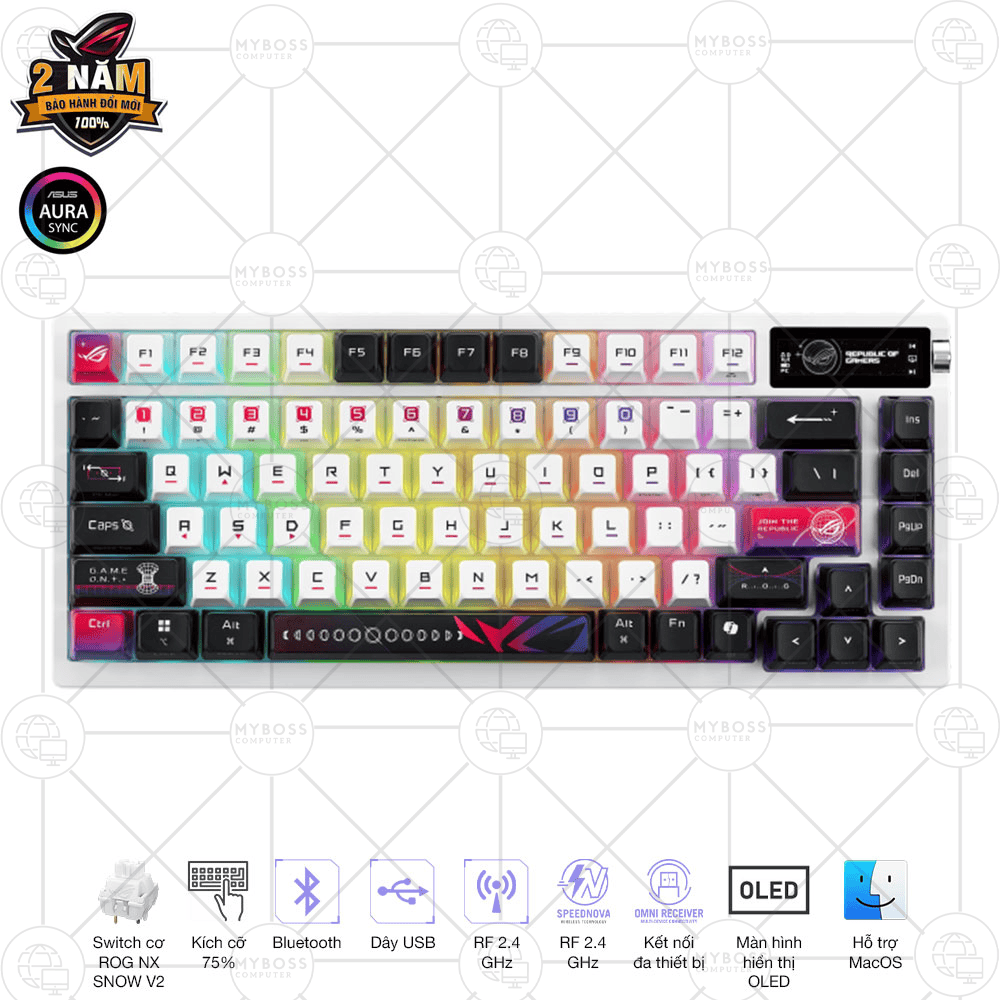 Bàn Phím Cơ Không Dây ASUS ROG Strix Azoth X NX Snow V2 Switch (Wireless/ OLED LCD/ NXSMV2/ Storm/ US/ PBT/ Trắng)