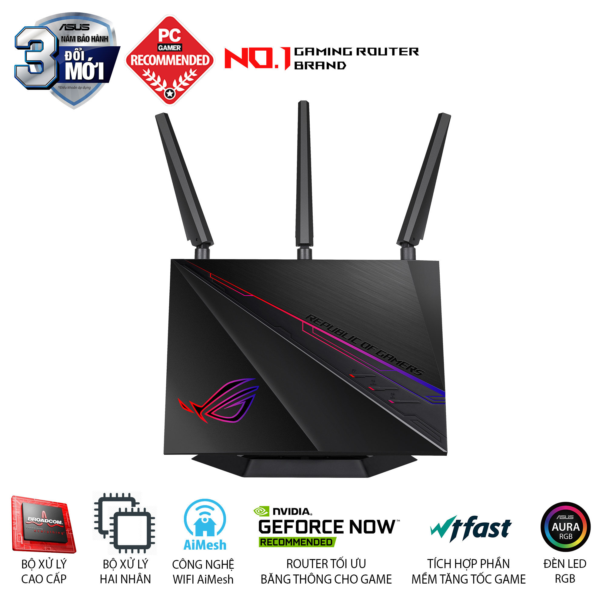 ASUS GT-AC2900 (Gaming Router) Wifi AC2900 2 băng tần, AiMesh 360 WIFI Mesh, WTFast, GeForce Now, AiProtection, USB 3.1, AURA RGB