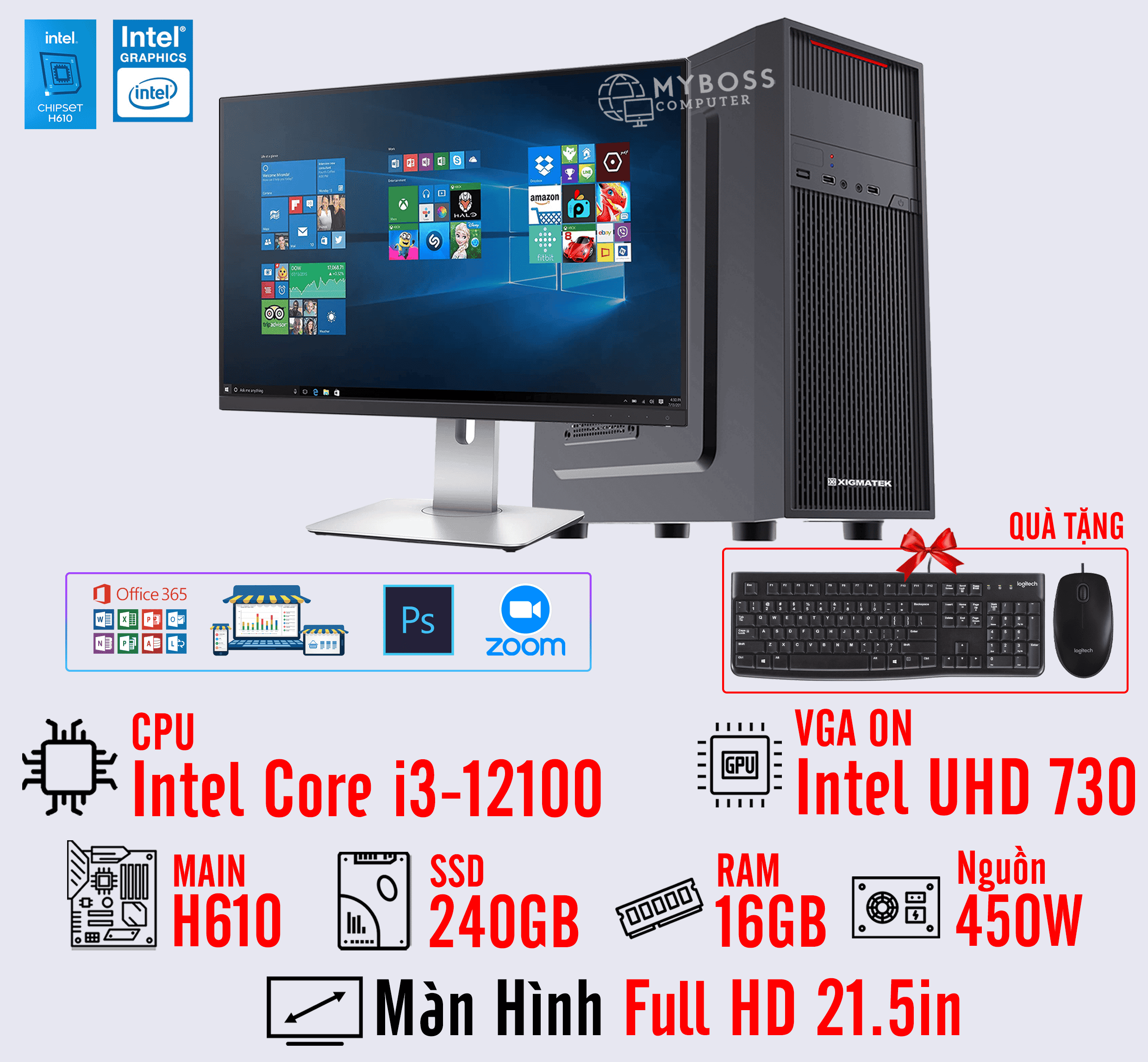 BỘ PC OFFICE I3-12100 - RAM 16G - SSD 240G - VGA On UHD 730 - MÀN HÌNH 21.5in