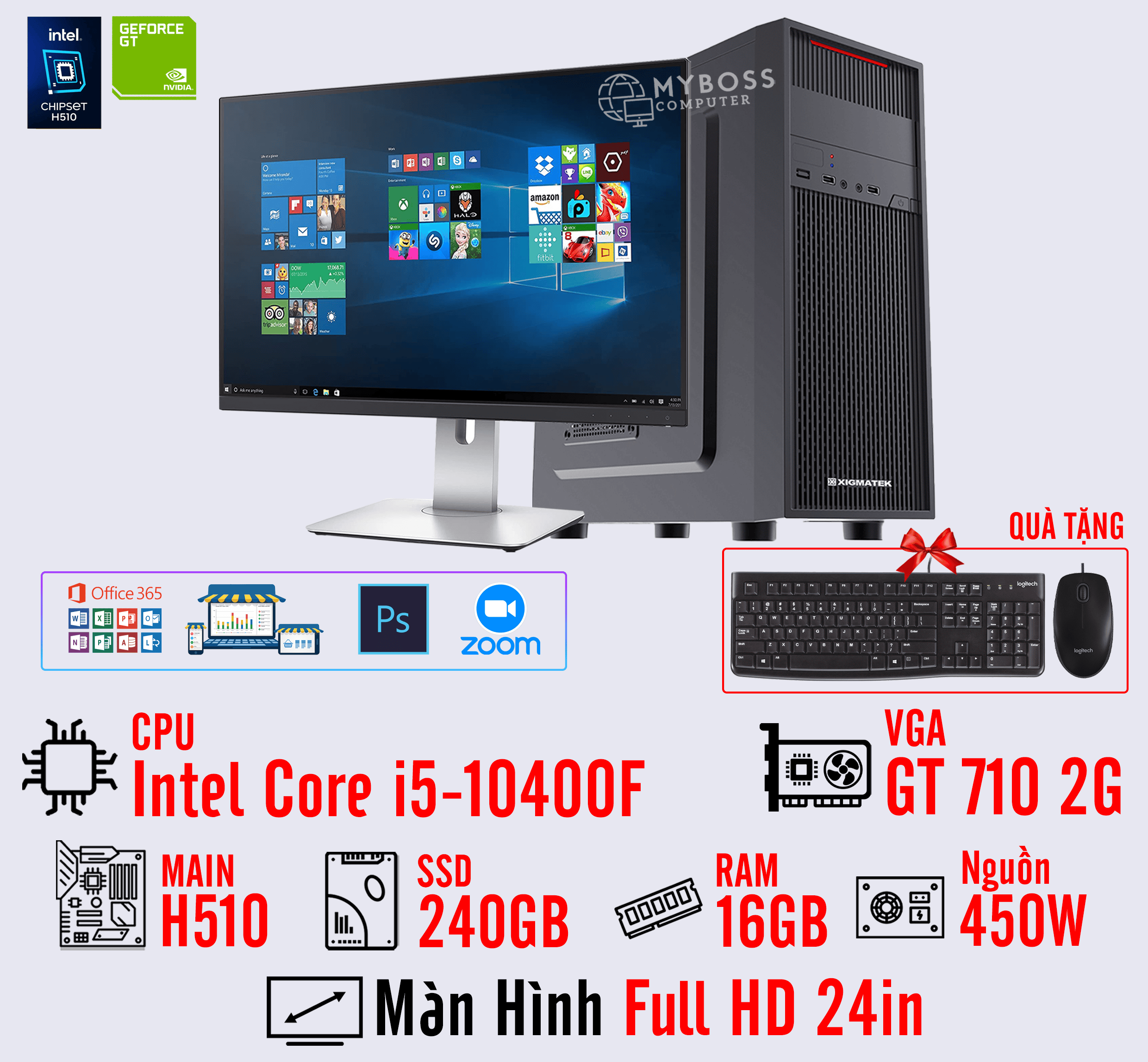 BỘ PC OFFICE I5-10400F - RAM 16G - SSD 240G - VGA GT 710 2G - MÀN HÌNH 24in
