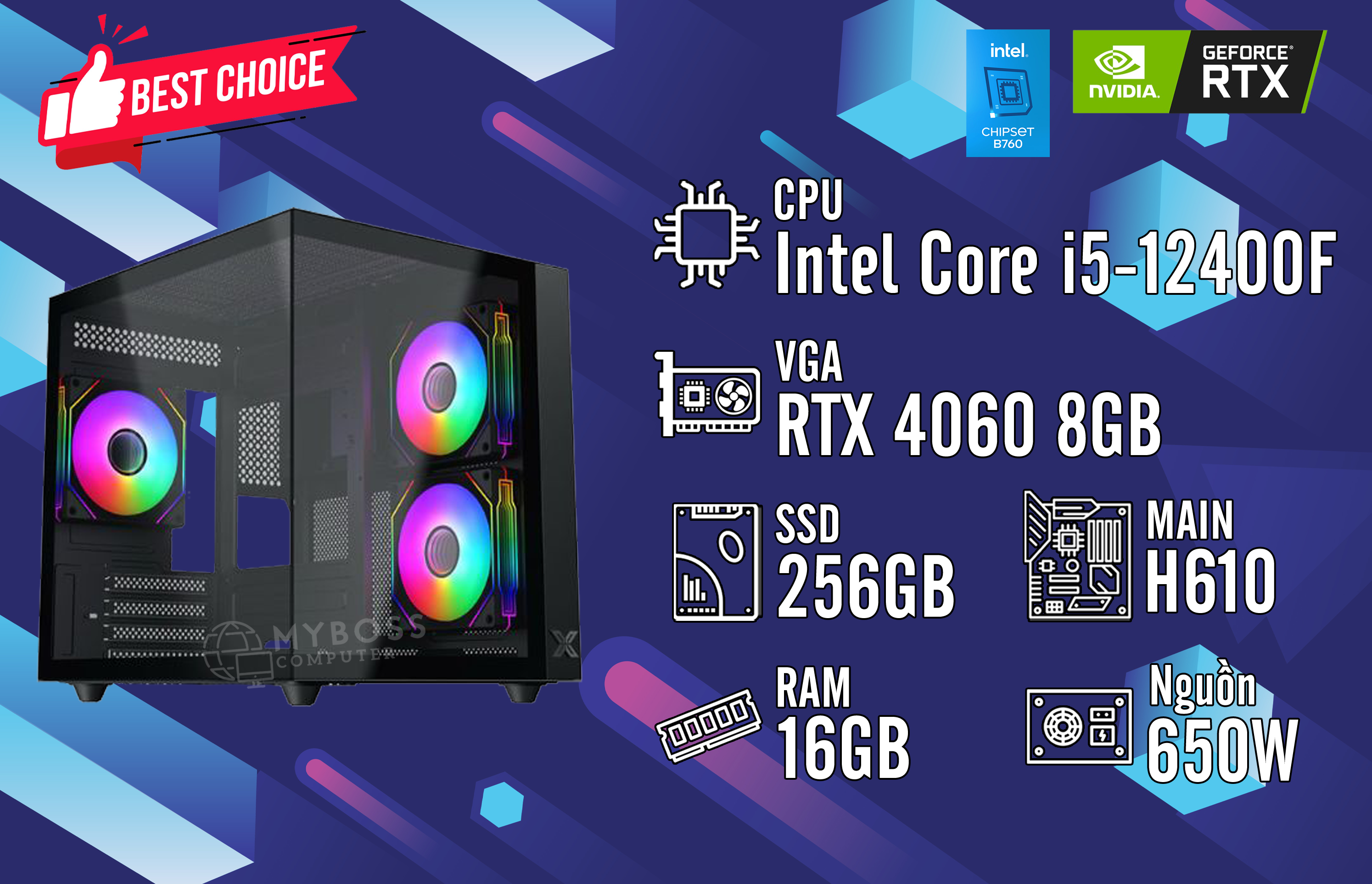 Bộ PC I5-12400F/ RAM 16GB/ SSD 256GB/ VGA RTX 4060 8GB