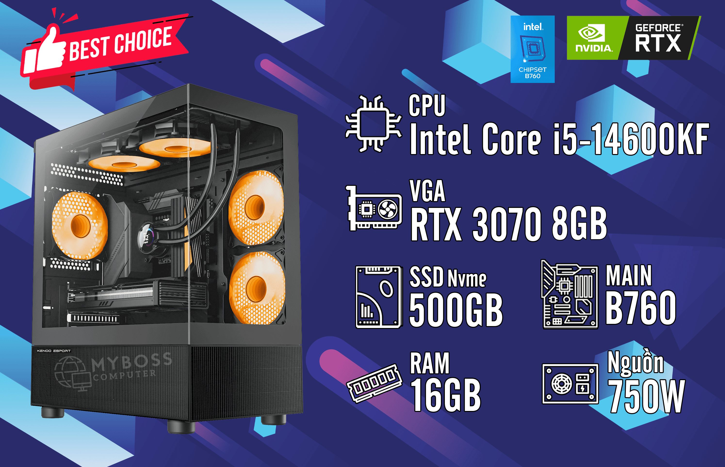 Bộ PC I5-14600KF/ RAM 16G/ SSD Nvme 512G/ VGA RTX 3070 8G