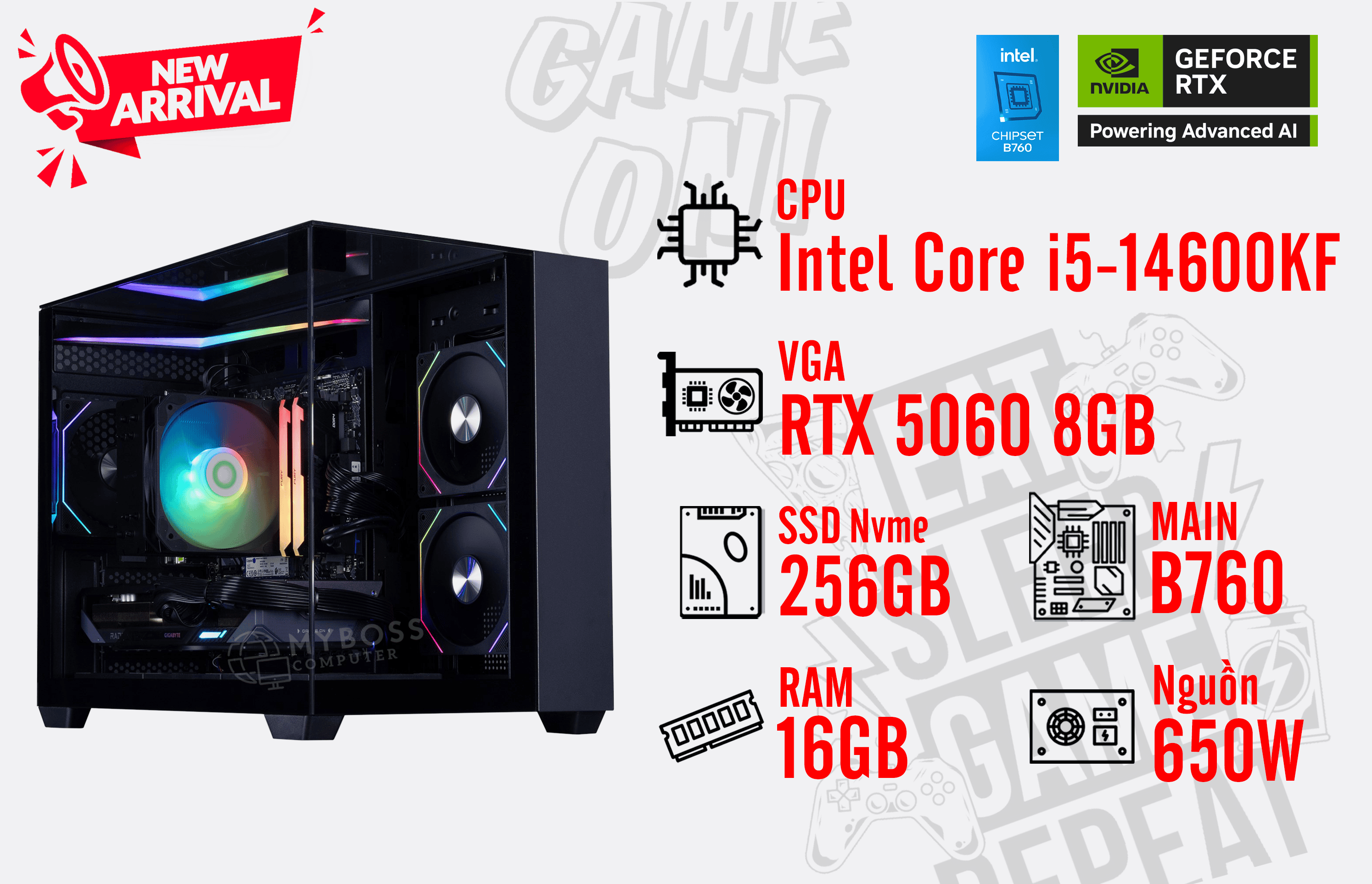 Bộ PC I5-14600KF/ RAM 16GB/ SSD Nvme 256GB/ VGA RTX 5060 8GB