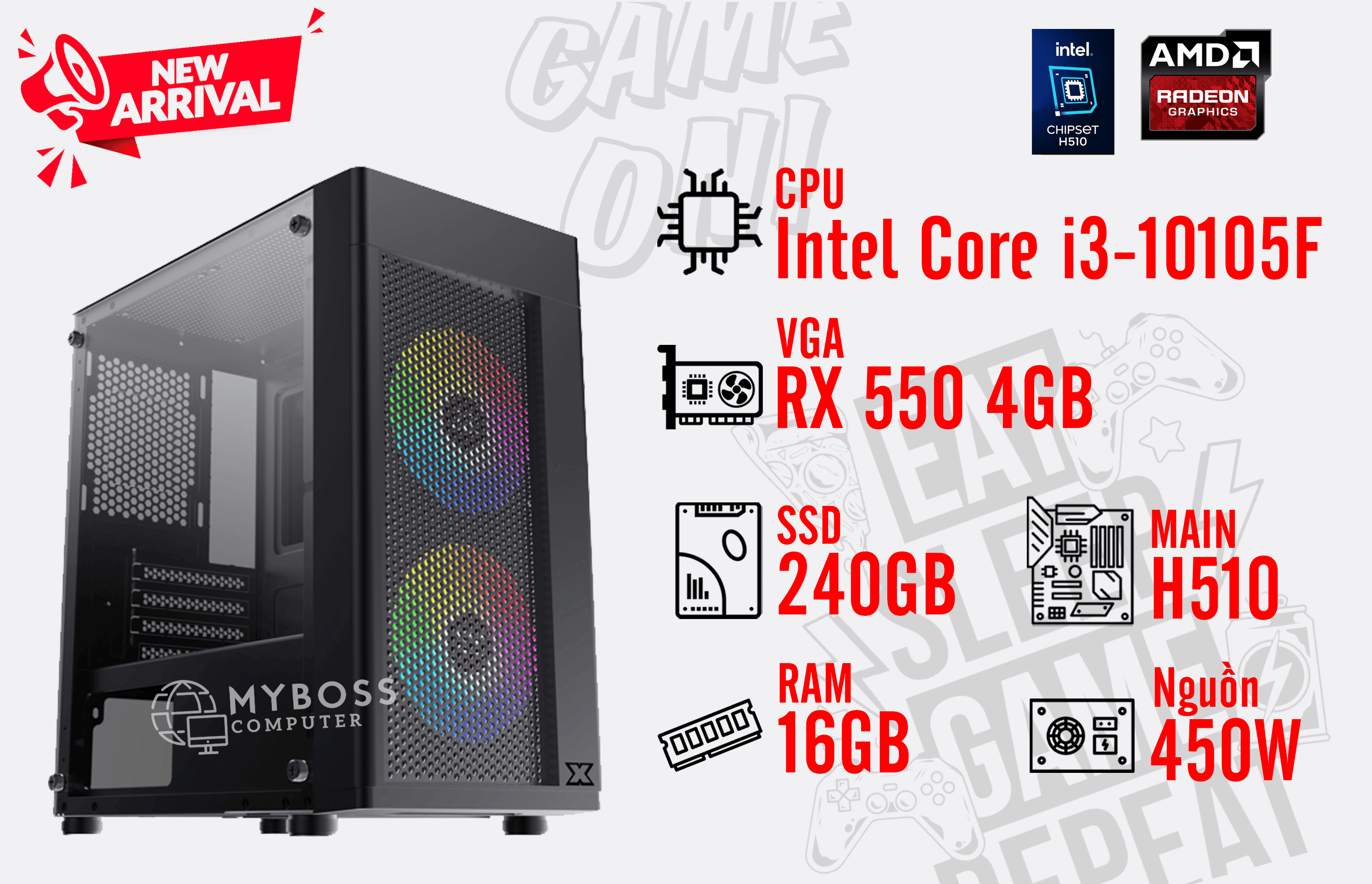 Bộ PC HELA I3-10105F/ RAM 16GB/ SSD 240GB/ VGA RX 550 4GB