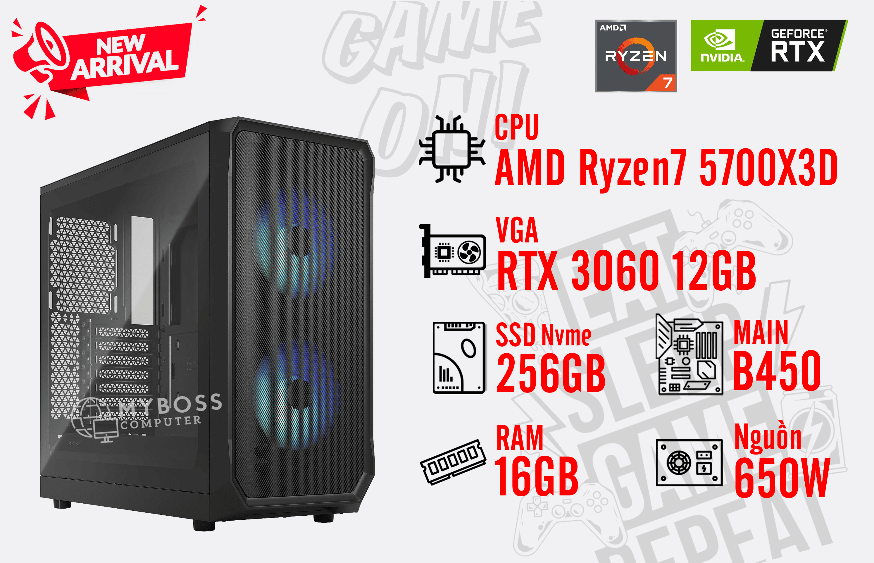 Bộ PC AMD Ryzen 7 5700X3D/ RAM 16G/ SSD Nvme 256G/ VGA RTX 3060 12GB