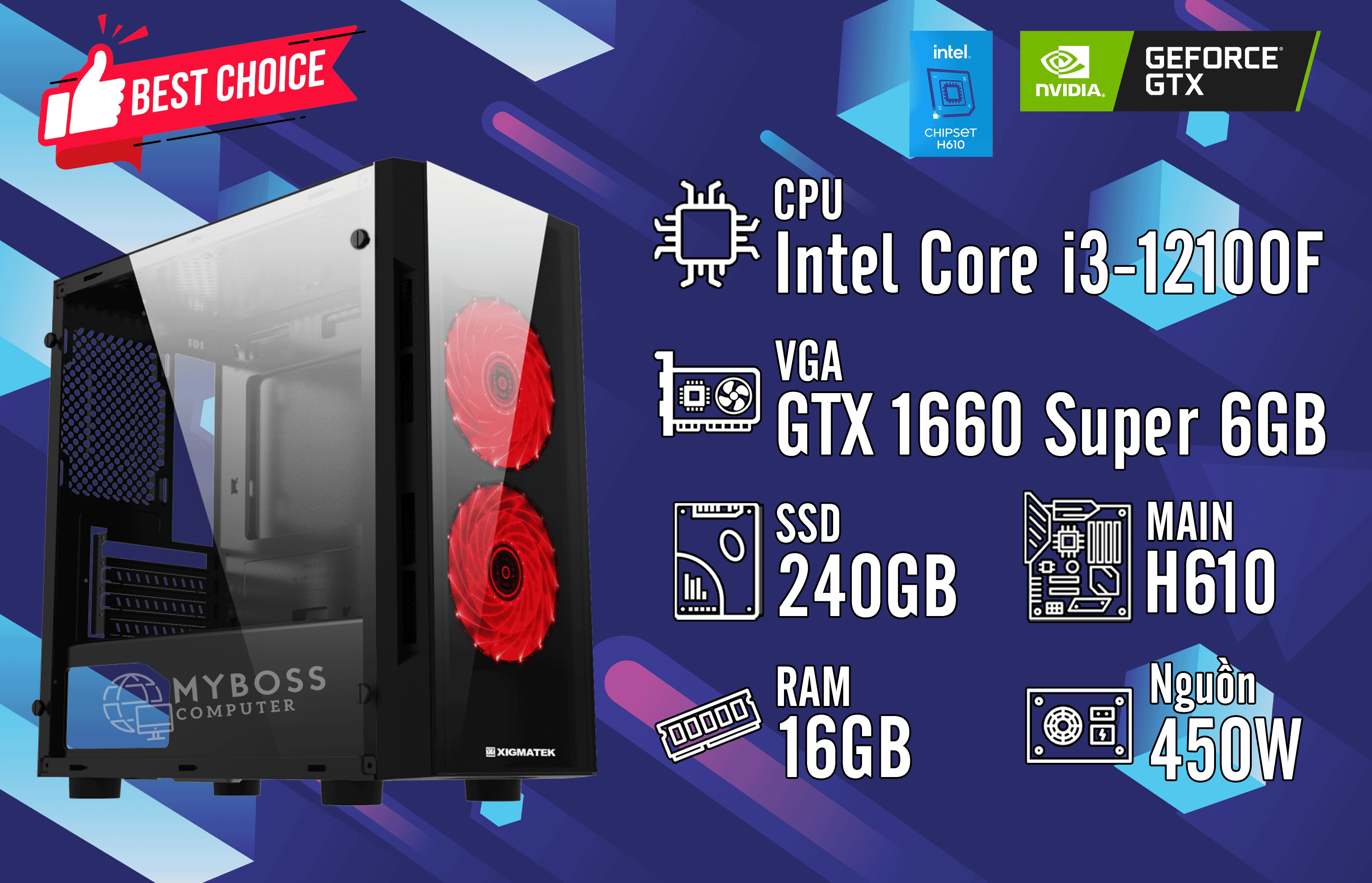 Bộ PC I3-12100F/ RAM 16G/ SSD 240G/ VGA GTX 1660 Super 6GB