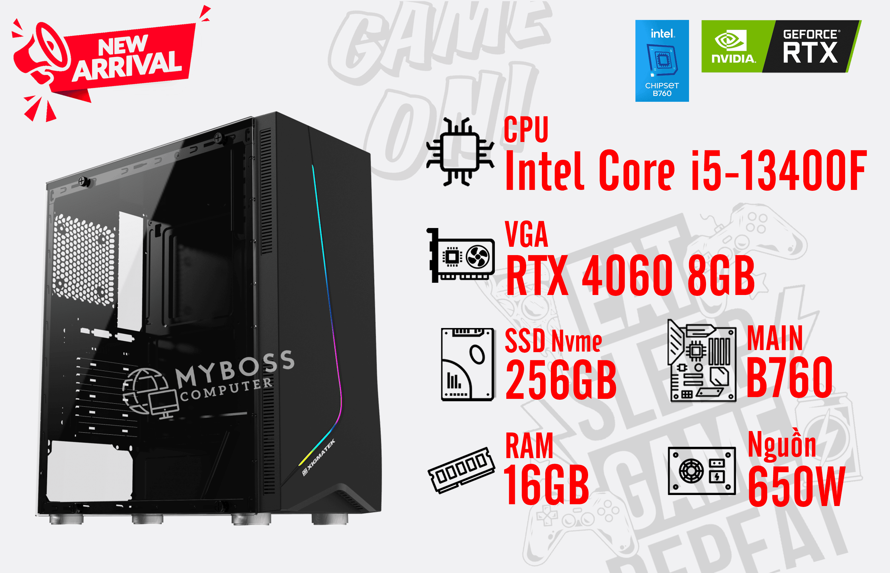 Bộ PC I5-13400F/ RAM 16G/ SSD Nvme 256G/ VGA RTX 4060 8GB