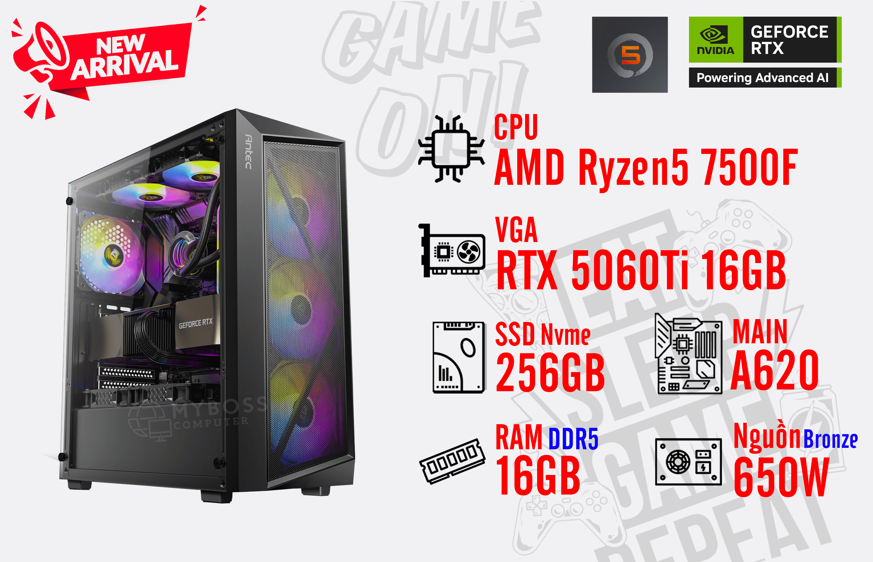 Bộ PC AMD Ryzen 5 7500F/ RAM 16G DDR5/ SSD Nvme 256G/ VGA RTX 5060Ti 16G