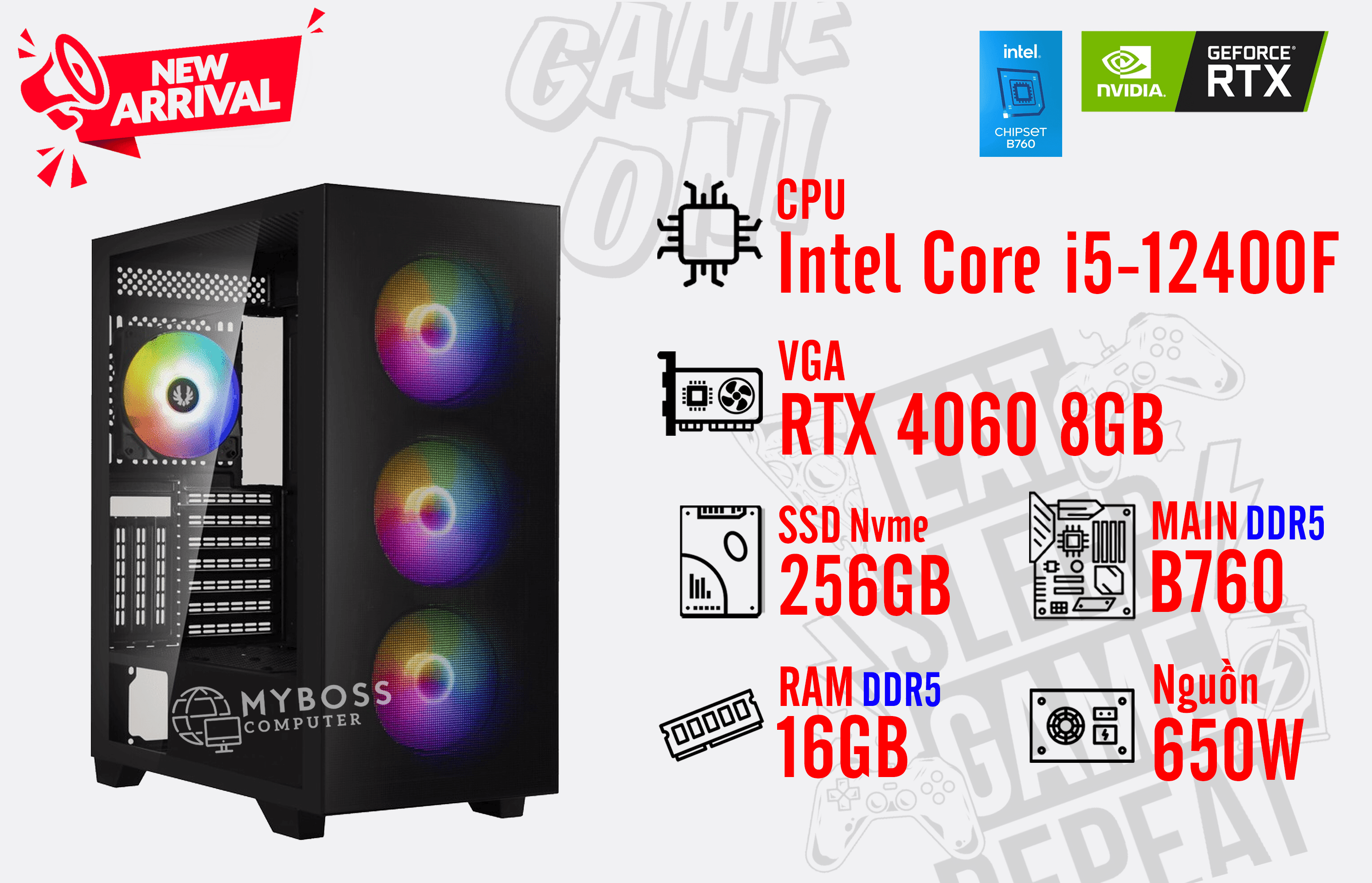 Bộ PC I5-12400F/ RAM 16G DDR5/ SSD Nvme 256G/ VGA RTX 4060 8GB