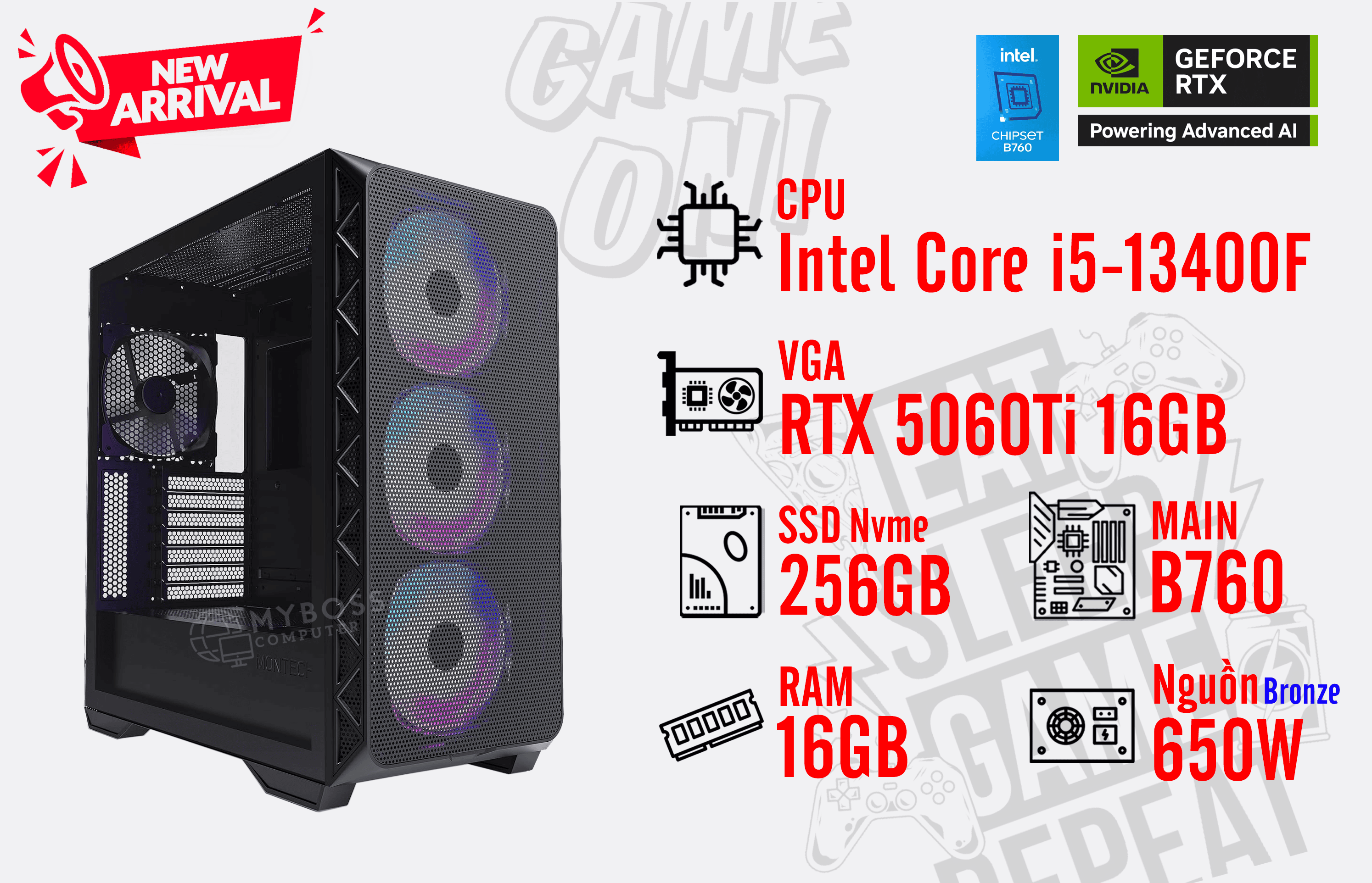 Bộ PC I5-13400F/ RAM 16GB/ SSD Nvme 256GB/ VGA RTX 5060Ti 16GB