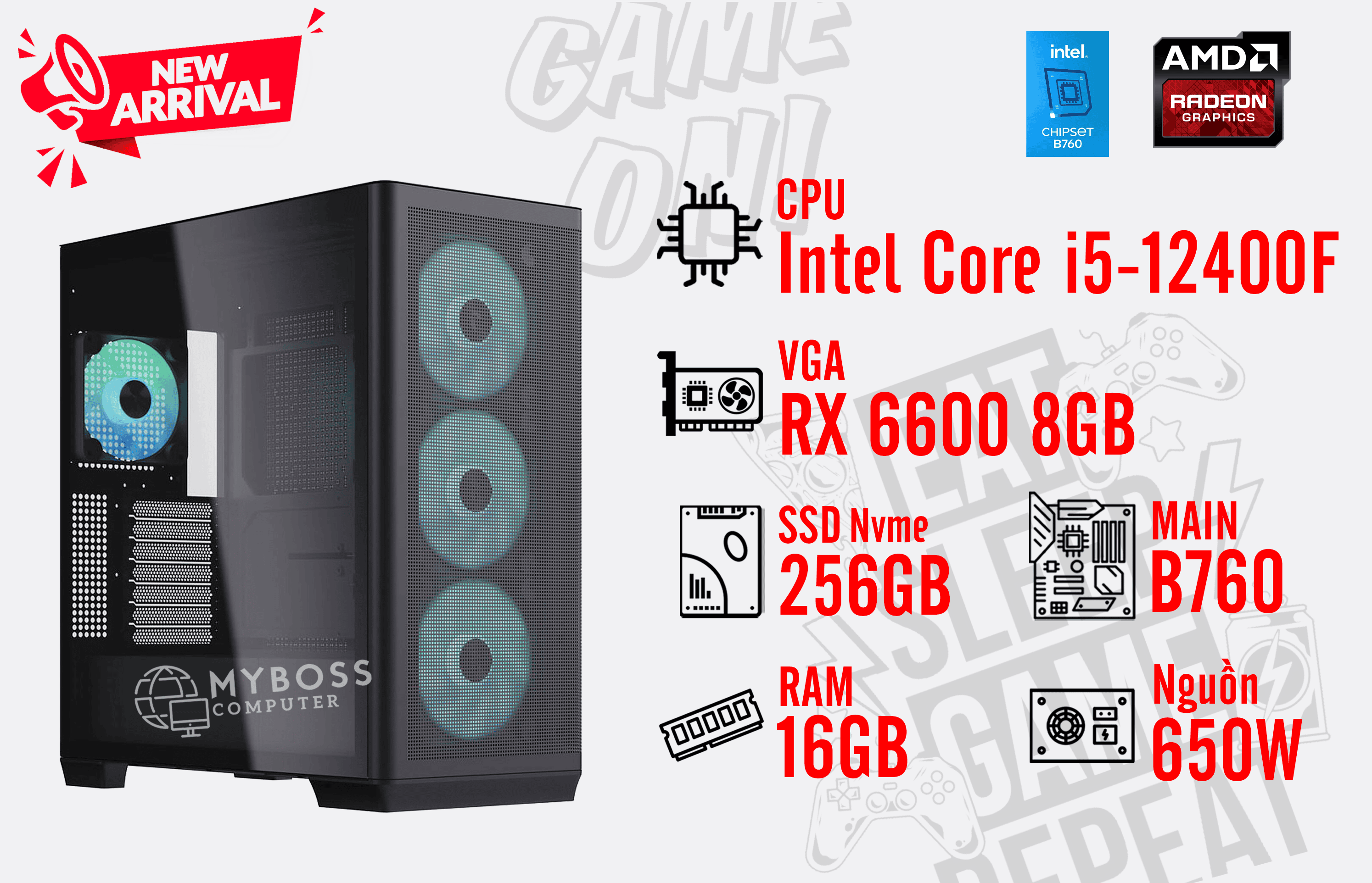 Bộ PC I5-12400F/ RAM 16G/ SSD Nvme 256G/ VGA RX 6600 8GB
