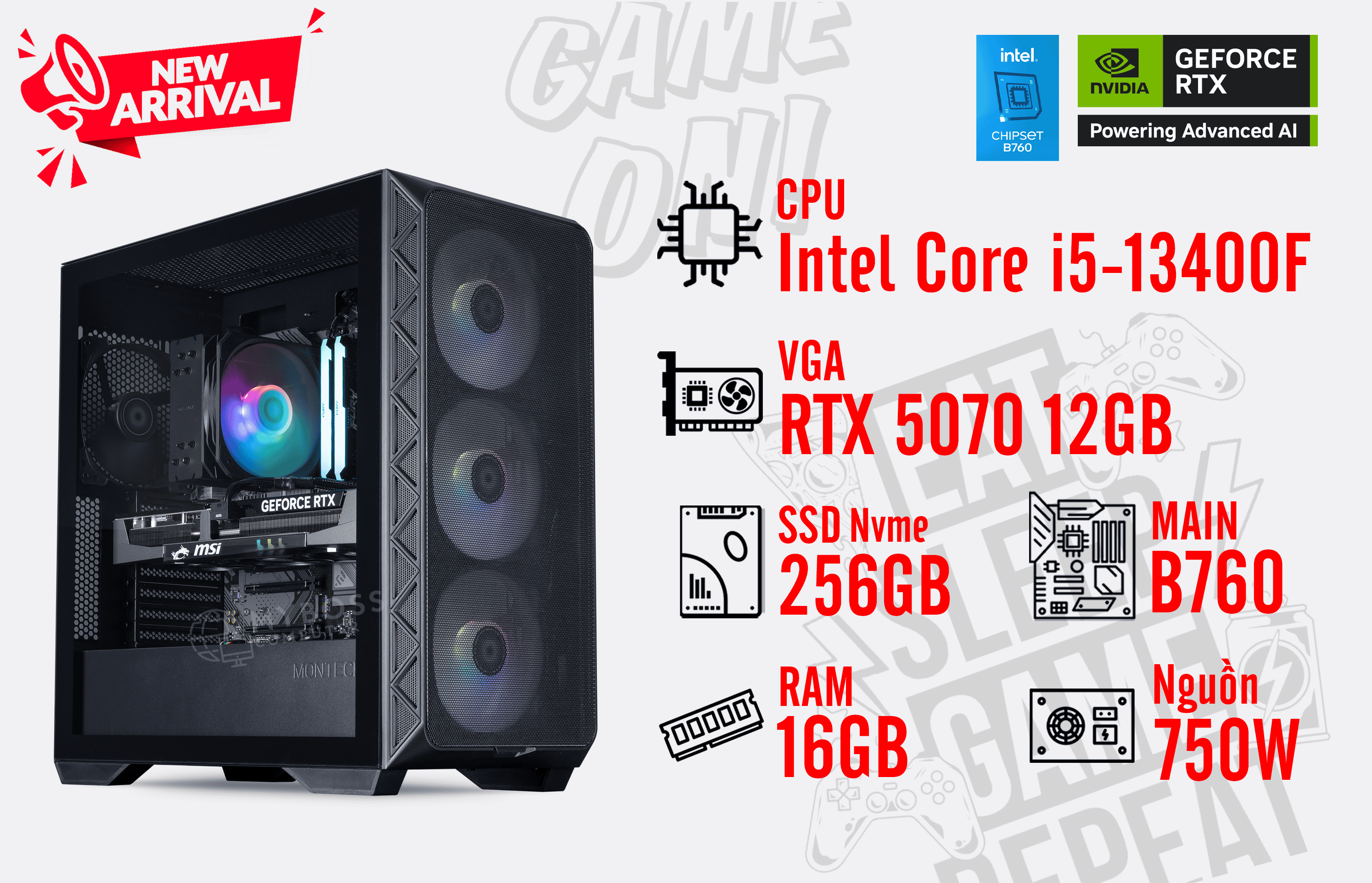 Bộ PC I5-13400F/ RAM 16GB/ SSD Nvme 256GB/ VGA RTX 5070 12GB