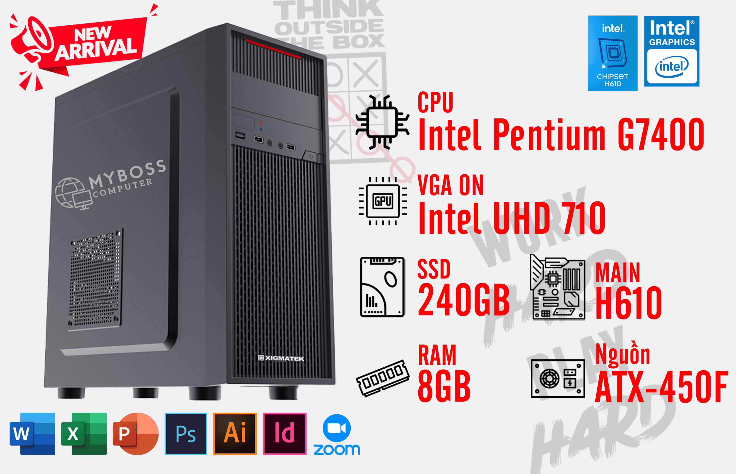 BỘ PC OFFICE G7400 - RAM 8G - SSD 240G - VGA On UHD 710- Wifi