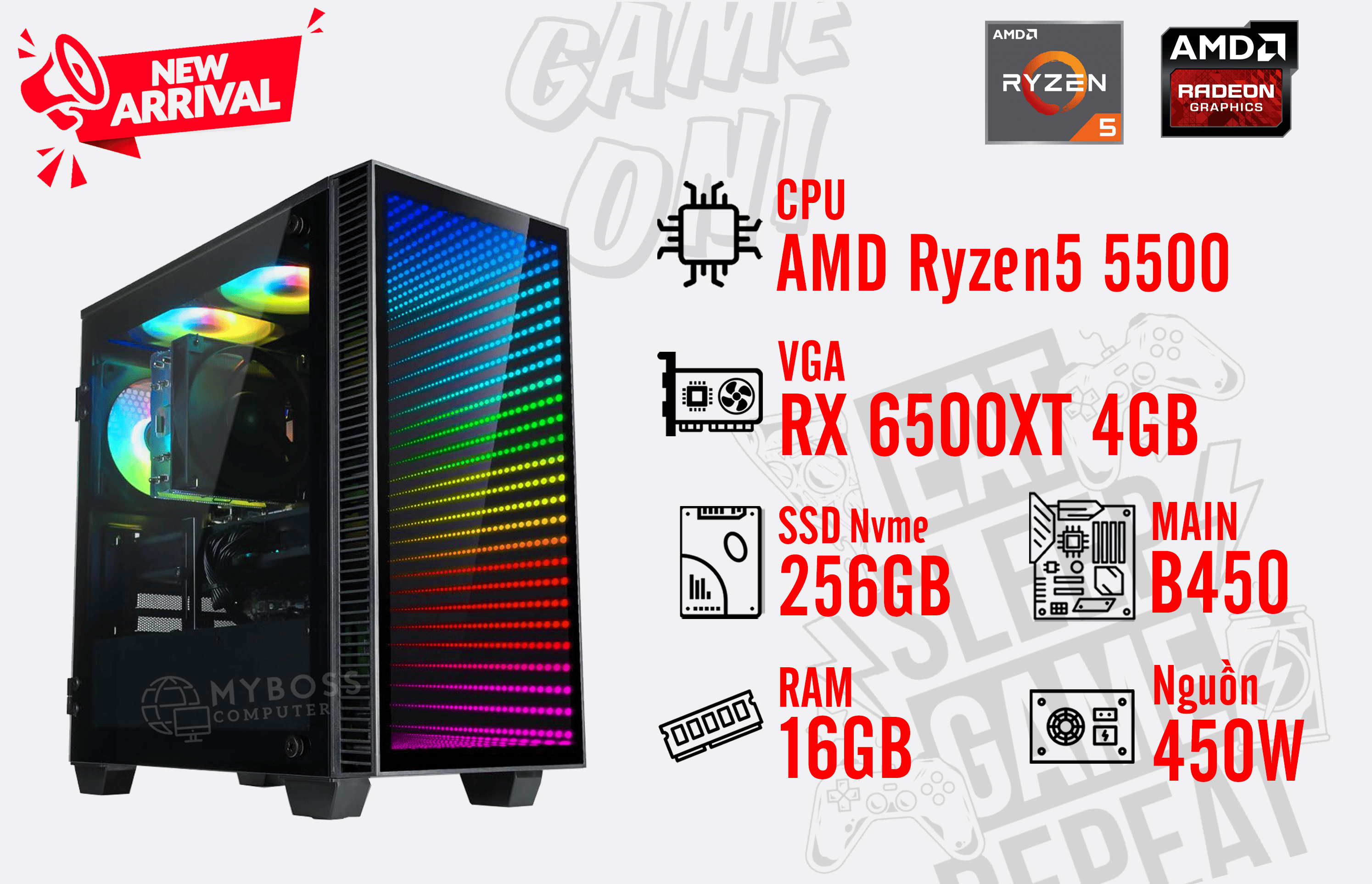 Bộ PC AMD Ryzen 5 5500/ RAM 16G/ SSD Nvme 256G/ VGA RX 6500XT 4G