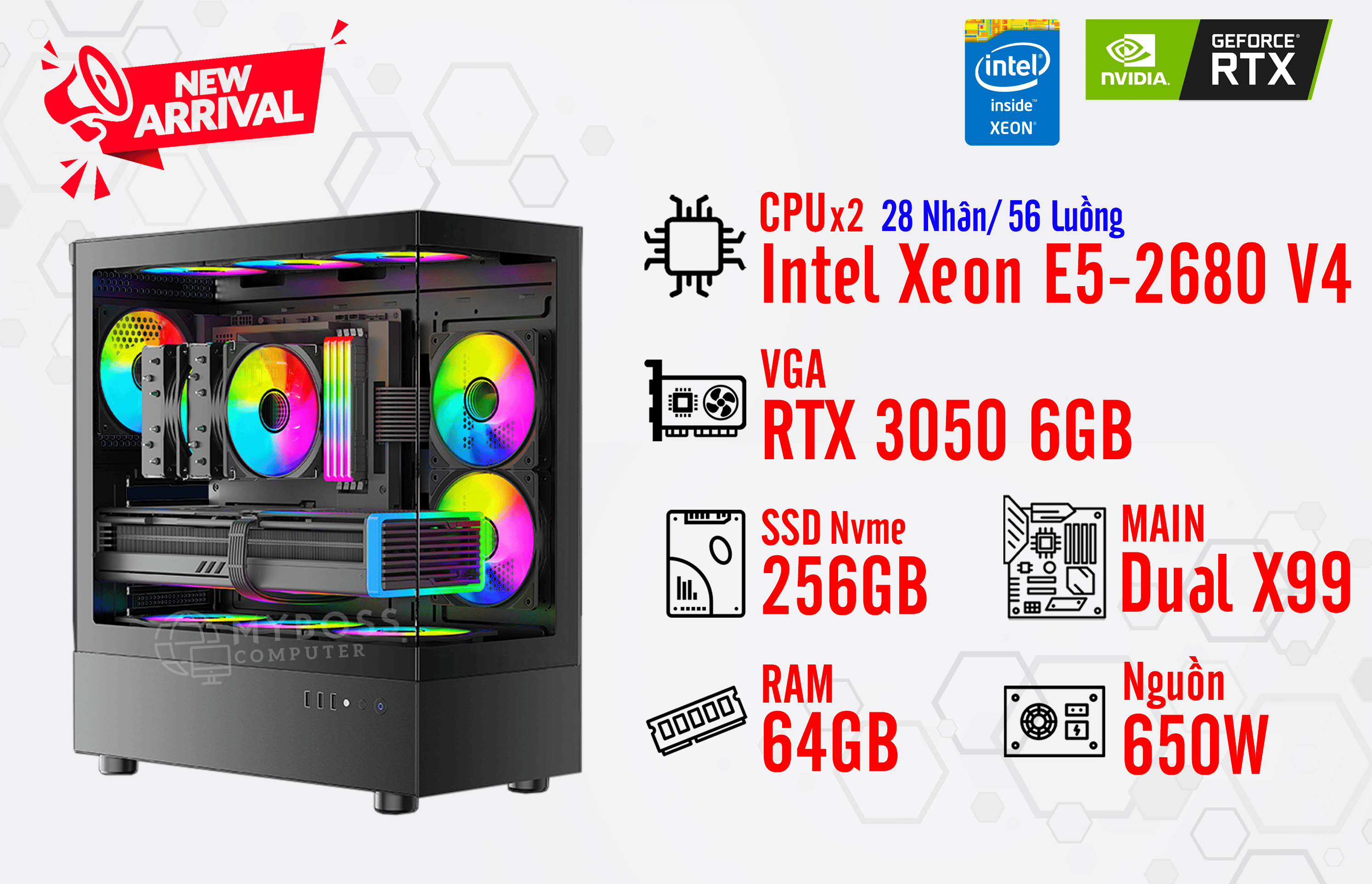 BỘ PC NOX, RENDER DUAL XEON E5-2680 V4/ RAM 64G/ VGA RTX 3050 6G (28 Nhân - 56 Luồng)