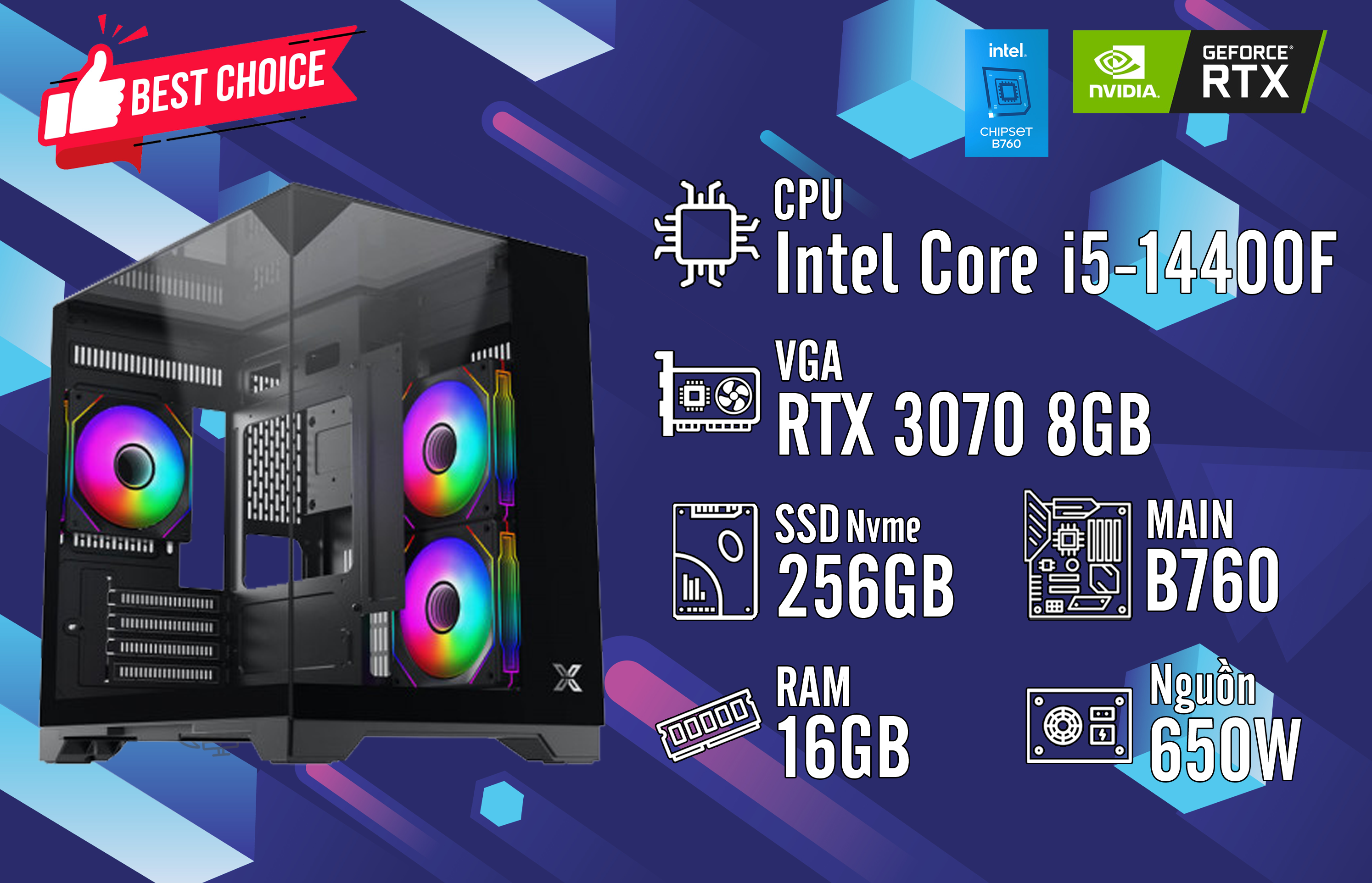 Bộ PC I5-14400F/ Ram 16G/ SSD Nvme 256G/ VGA RTX 3070 8G