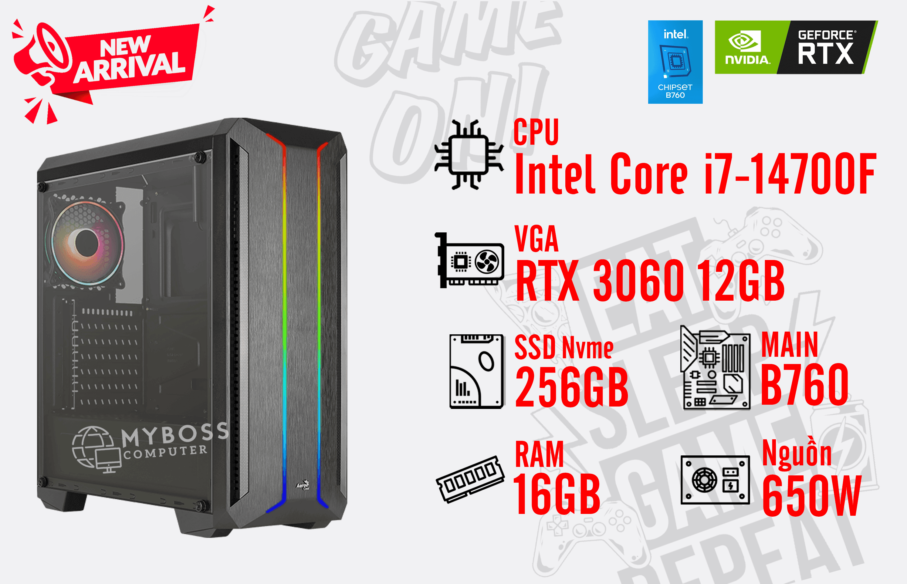 Bộ PC I7-14700F/ RAM 16GB/ SSD Nvme 256GB/ VGA RTX 3060 12GB
