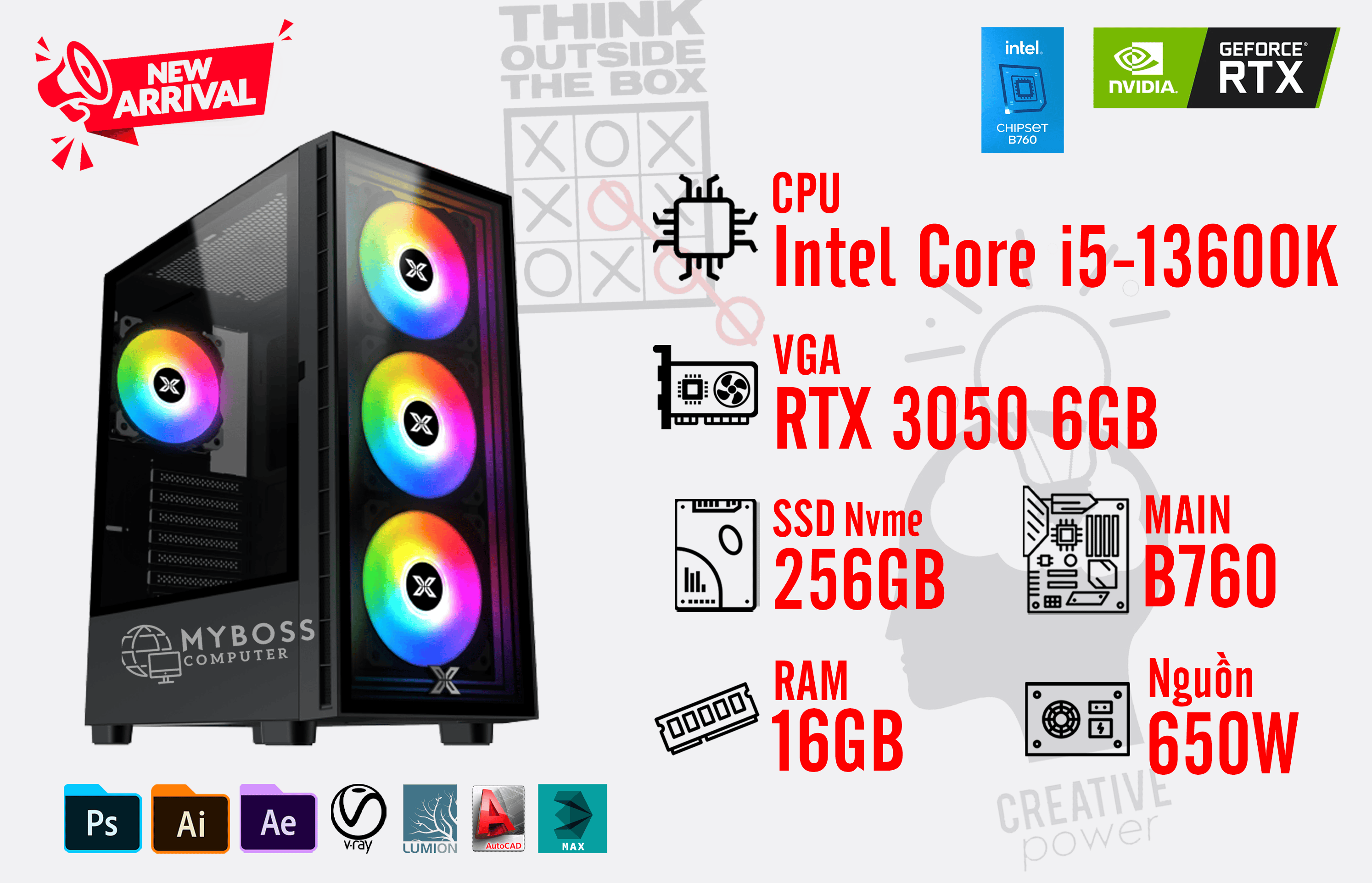 Bộ PC WORKSTATION I5-13600K/ Ram 16G/ SSD Nvme 256G/ VGA RTX 3050 6G