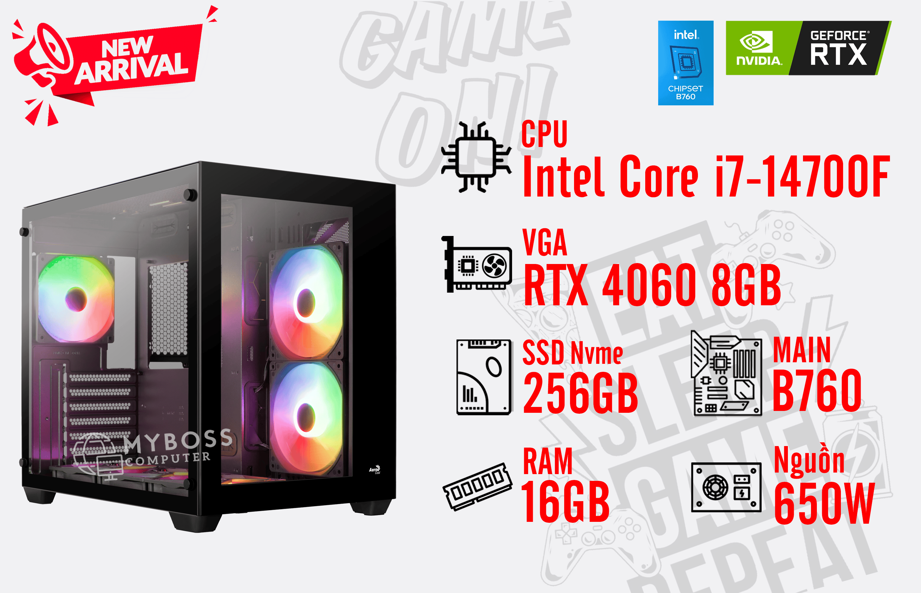 Bộ PC I7-14700F/ RAM 16GB/ SSD Nvme 256GB/ VGA RTX 4060 8GB