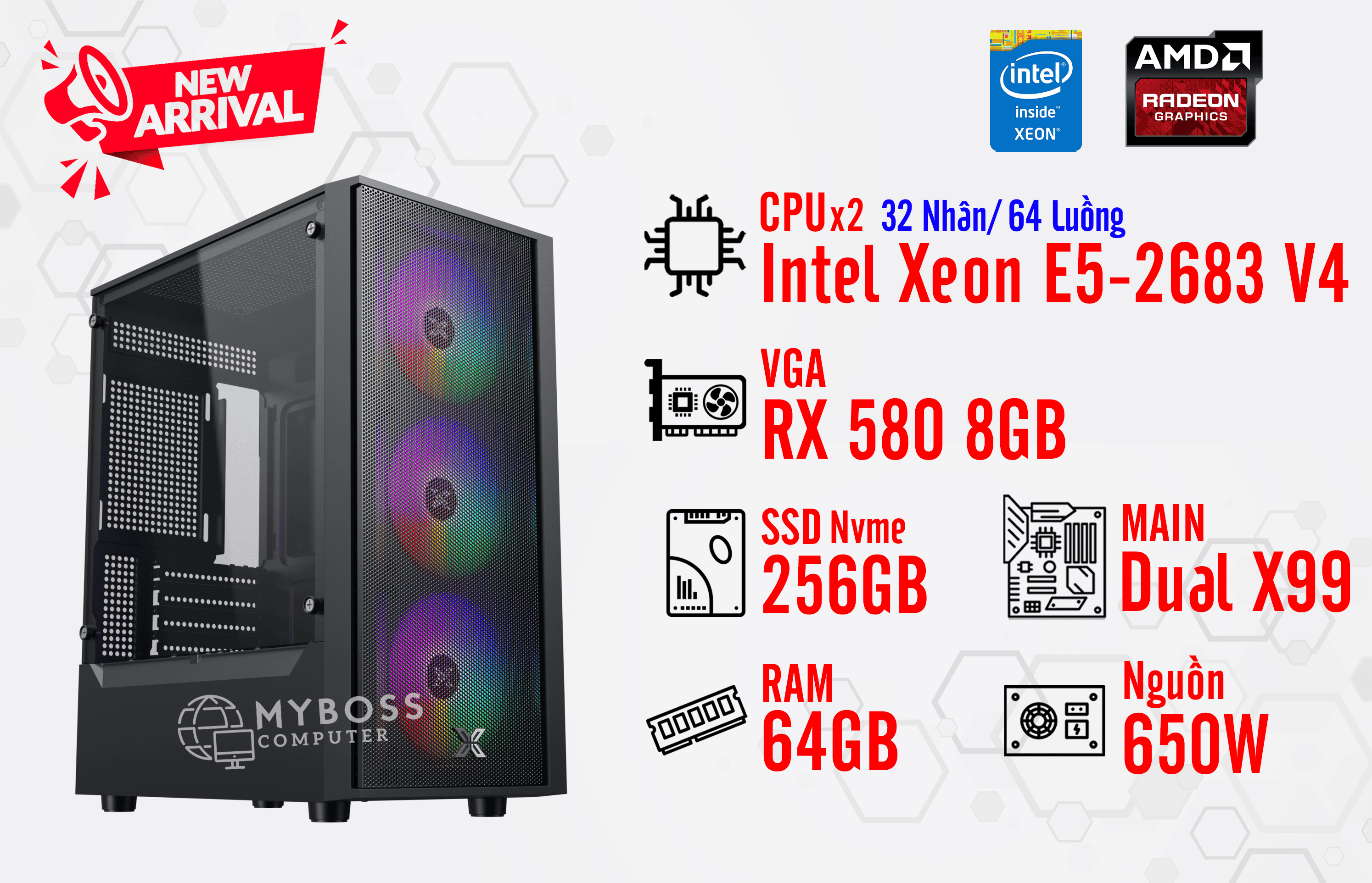 BỘ PC NOX, RENDER DUAL XEON E5-2683 V4/ RAM 64G/ VGA RX 580 8G (32 Nhân - 64 Luồng)
