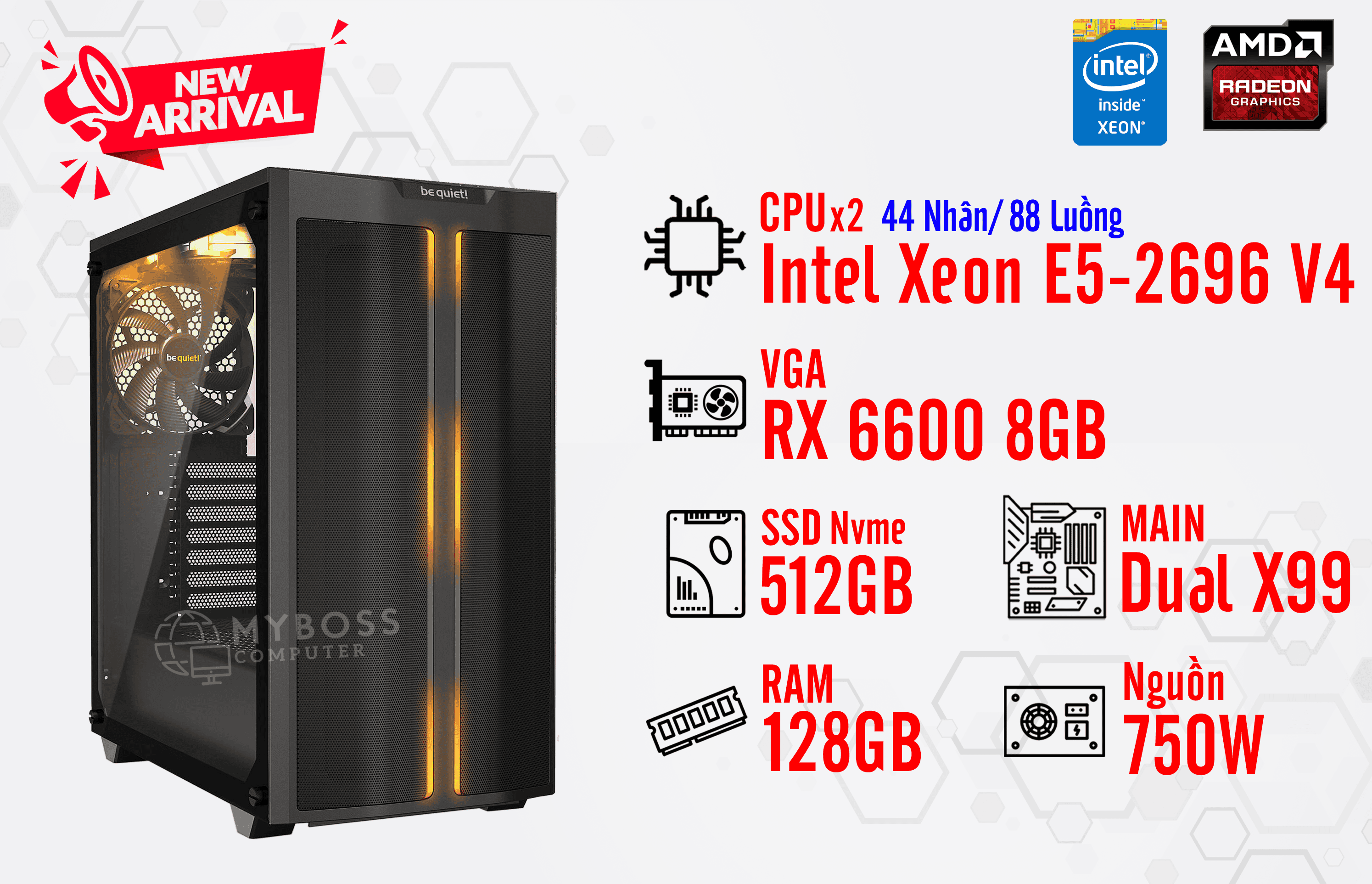BỘ PC NOX, RENDER DUAL XEON E5-2696 V4/ RAM 128G/ VGA RX 6600 8G (44 Nhân - 88 Luồng)
