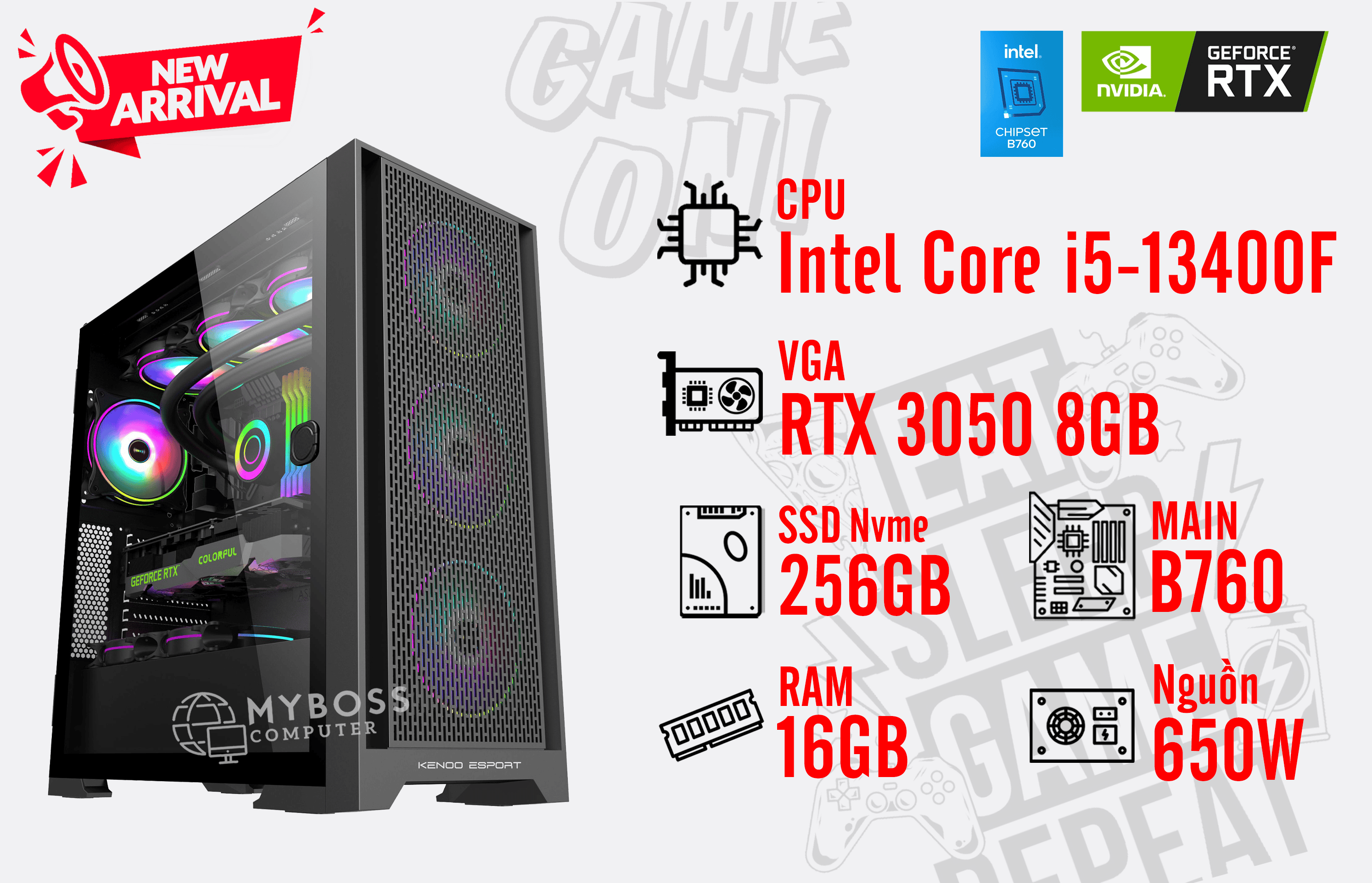 Bộ PC I5-13400F/ RAM 16G/ SSD Nvme 256G/ VGA RTX 3050 8GB