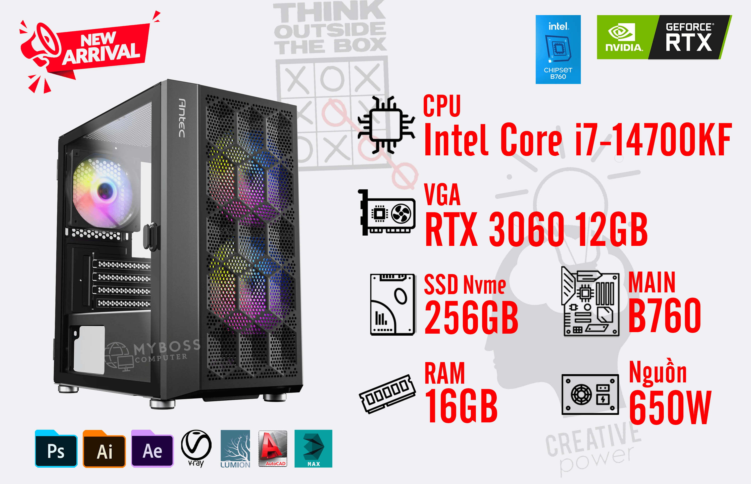 Bộ PC I7-14700KF/ RAM 16GB/ SSD Nvme 256GB/ VGA RTX 3060 12GB