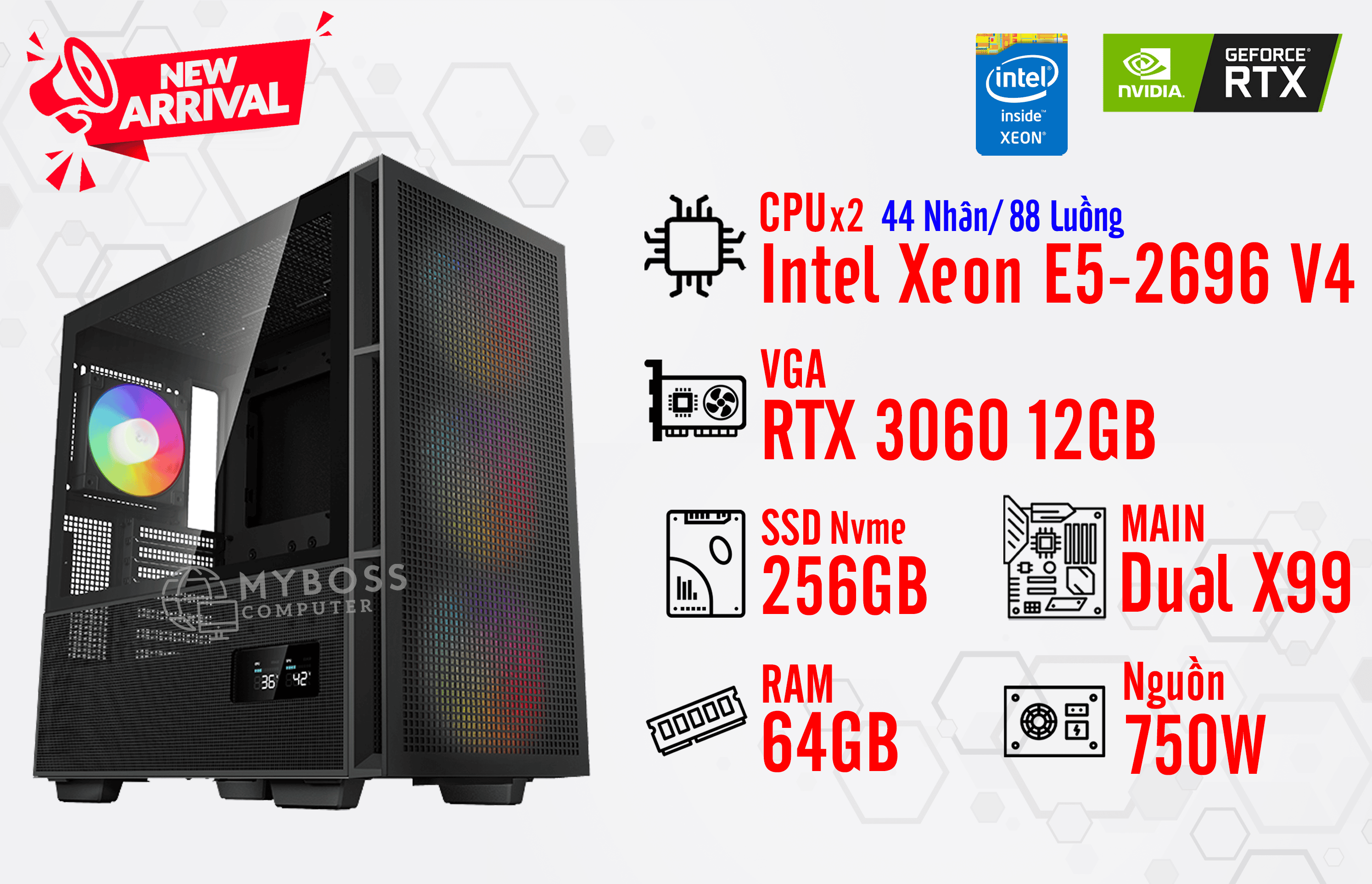 BỘ PC NOX, RENDER DUAL XEON E5-2696 V4/ RAM 64G/ VGA RTX 3060 12G (44 Nhân - 88 Luồng)
