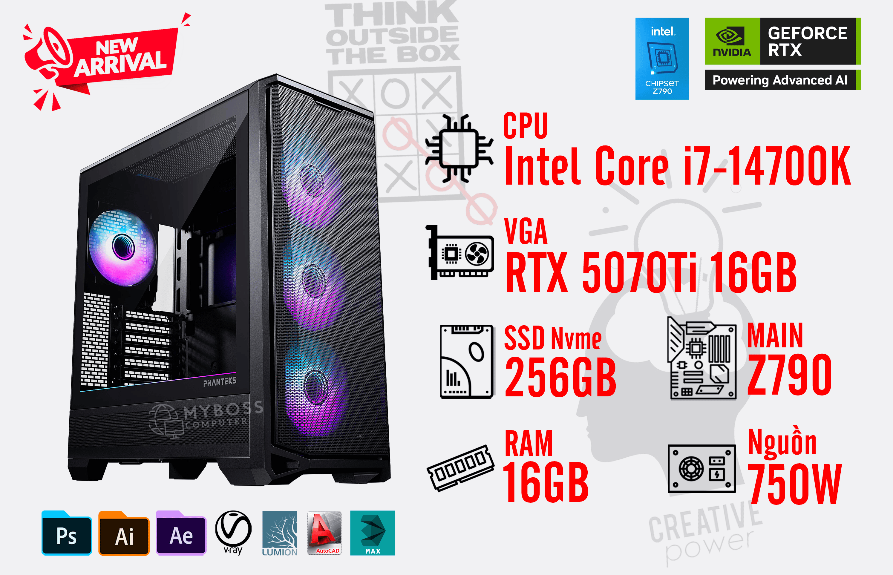 Bộ PC I7-14700K/ RAM 16GB/ SSD Nvme 256GB/ VGA RTX 5070Ti 16GB