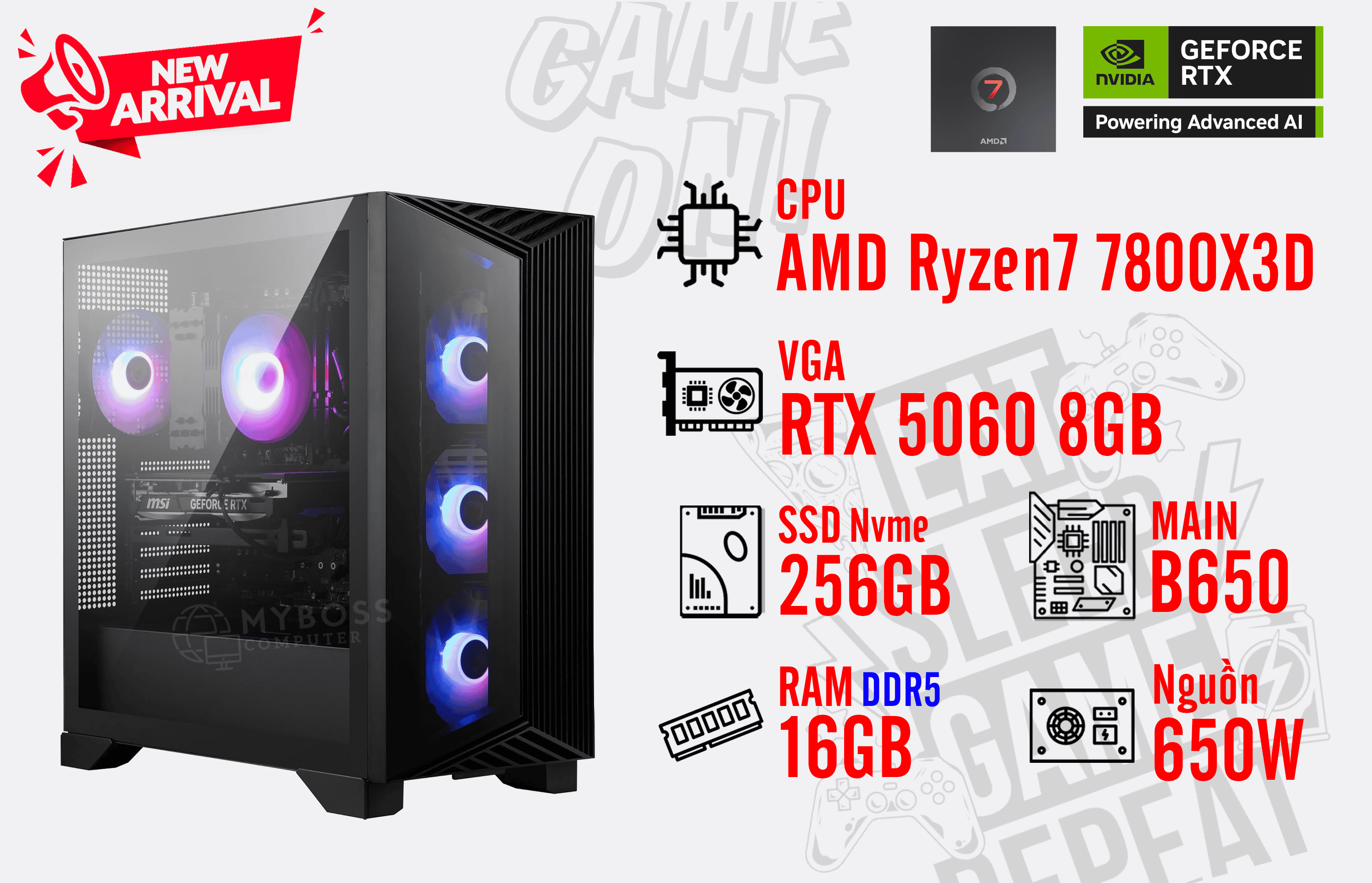 Bộ PC AMD Ryzen 7 7800X3D/ RAM 16G DDR5/ SSD Nvme 256G/ VGA RTX 5060 8GB