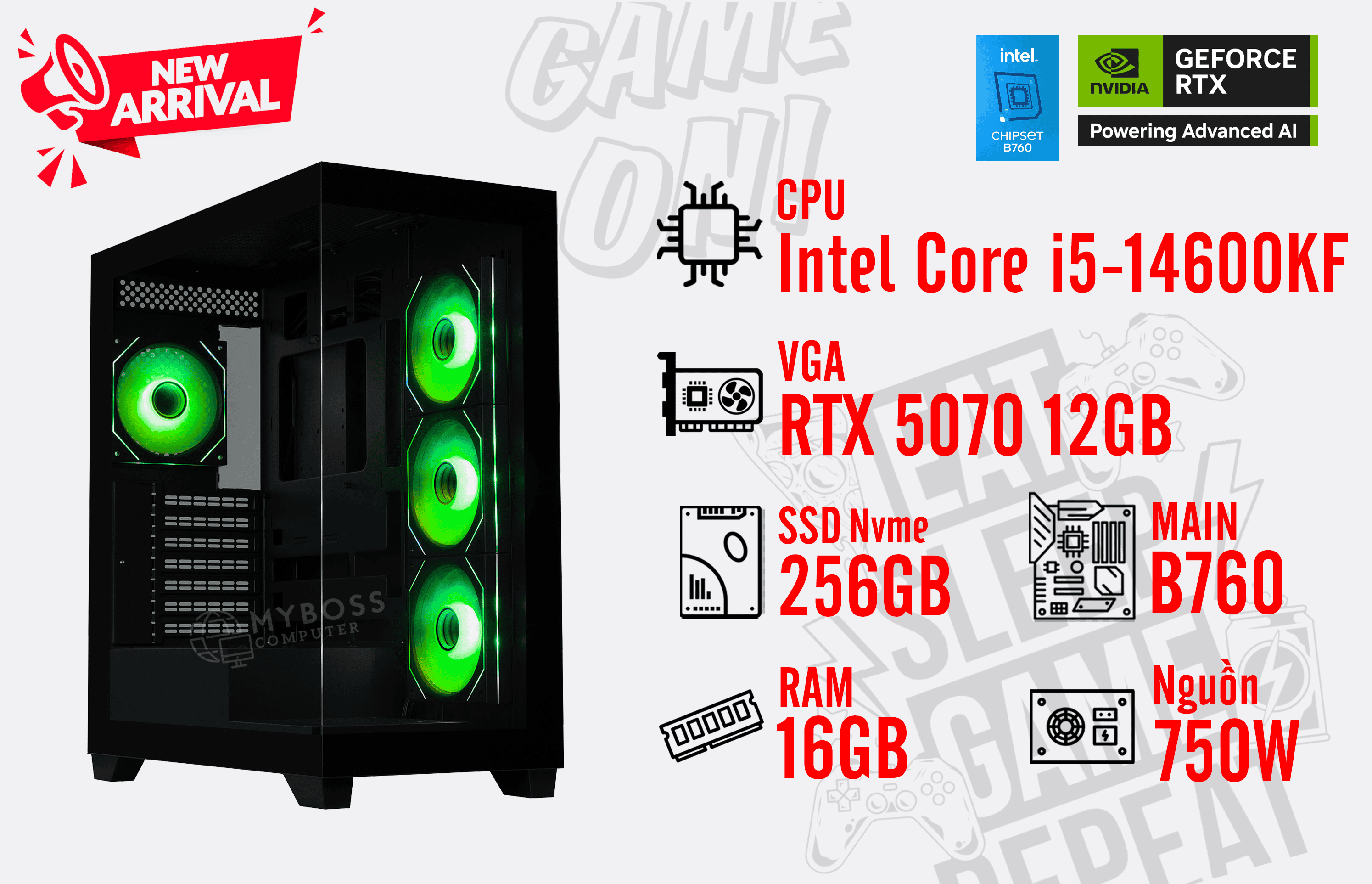 Bộ PC I5-14600KF/ RAM 16G/ SSD Nvme 256G/ VGA RTX 5070 12GB