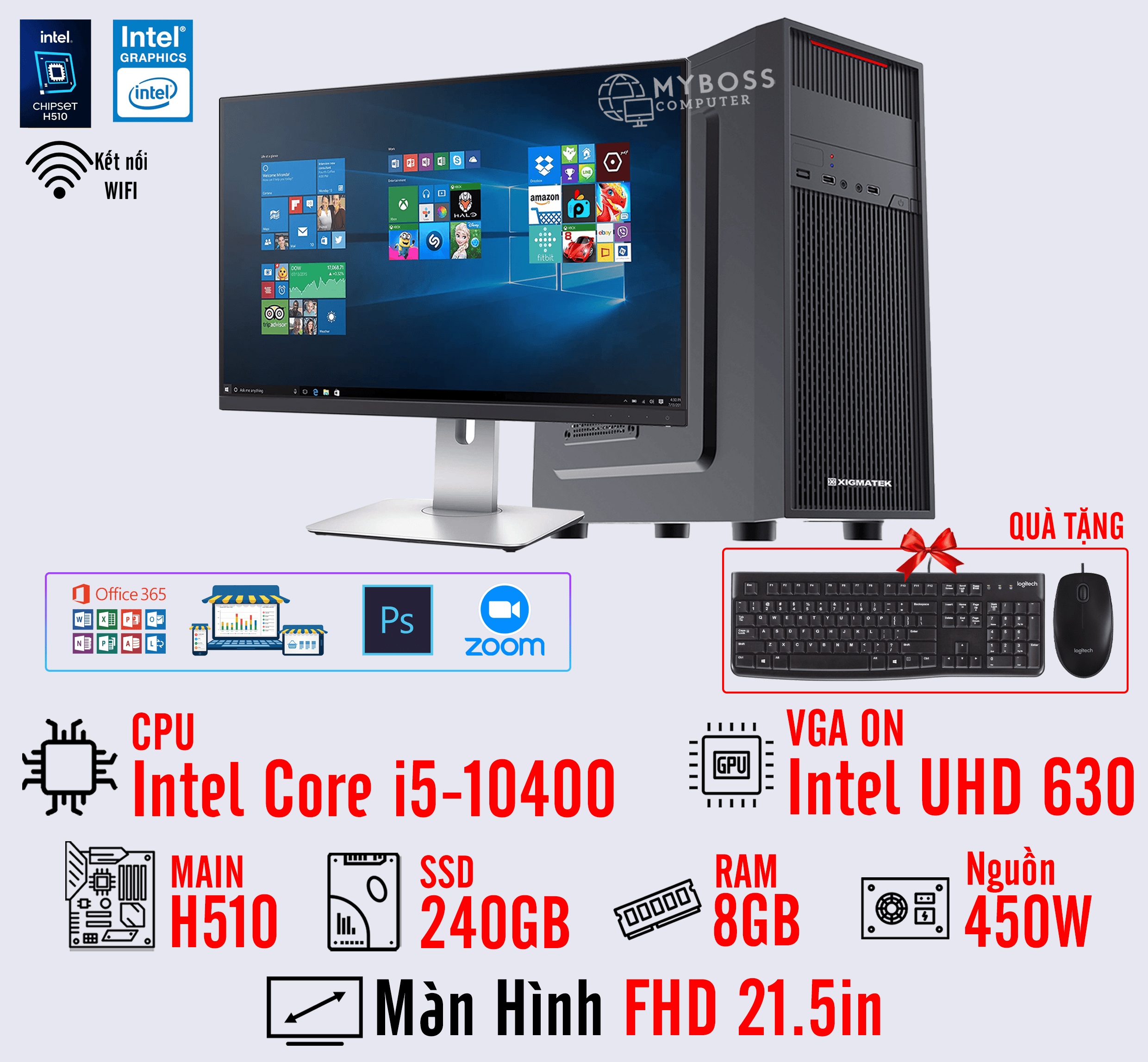 BỘ PC OFFICE I5-10400 - RAM 8G - SSD 240G - VGA UHD 630 - MÀN HÌNH 21.5in - Wifi