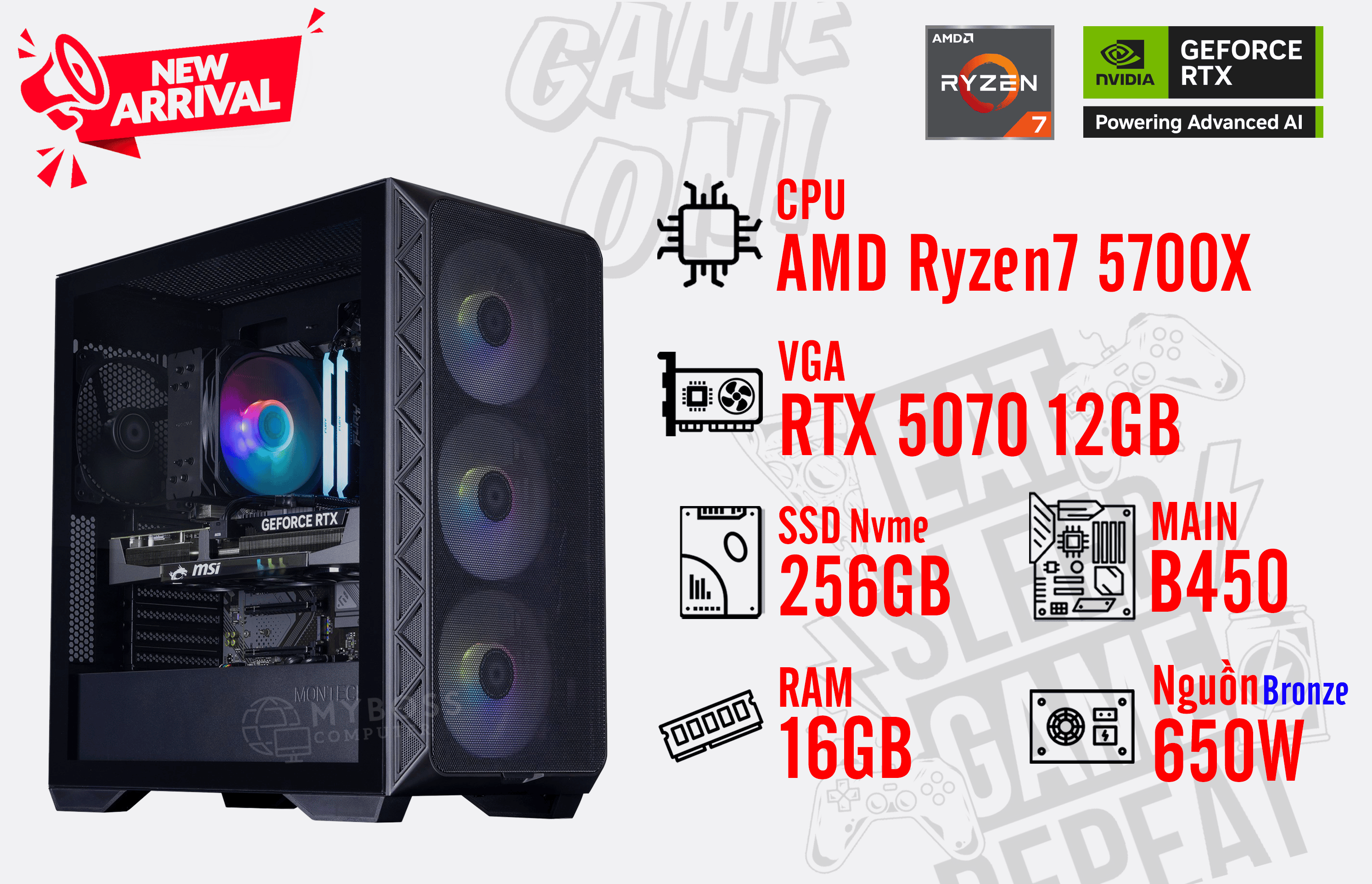 Bộ PC AMD Ryzen 7 5700X/ RAM 16GB/ SSD Nvme 256GB/ VGA RX 5070 12GB