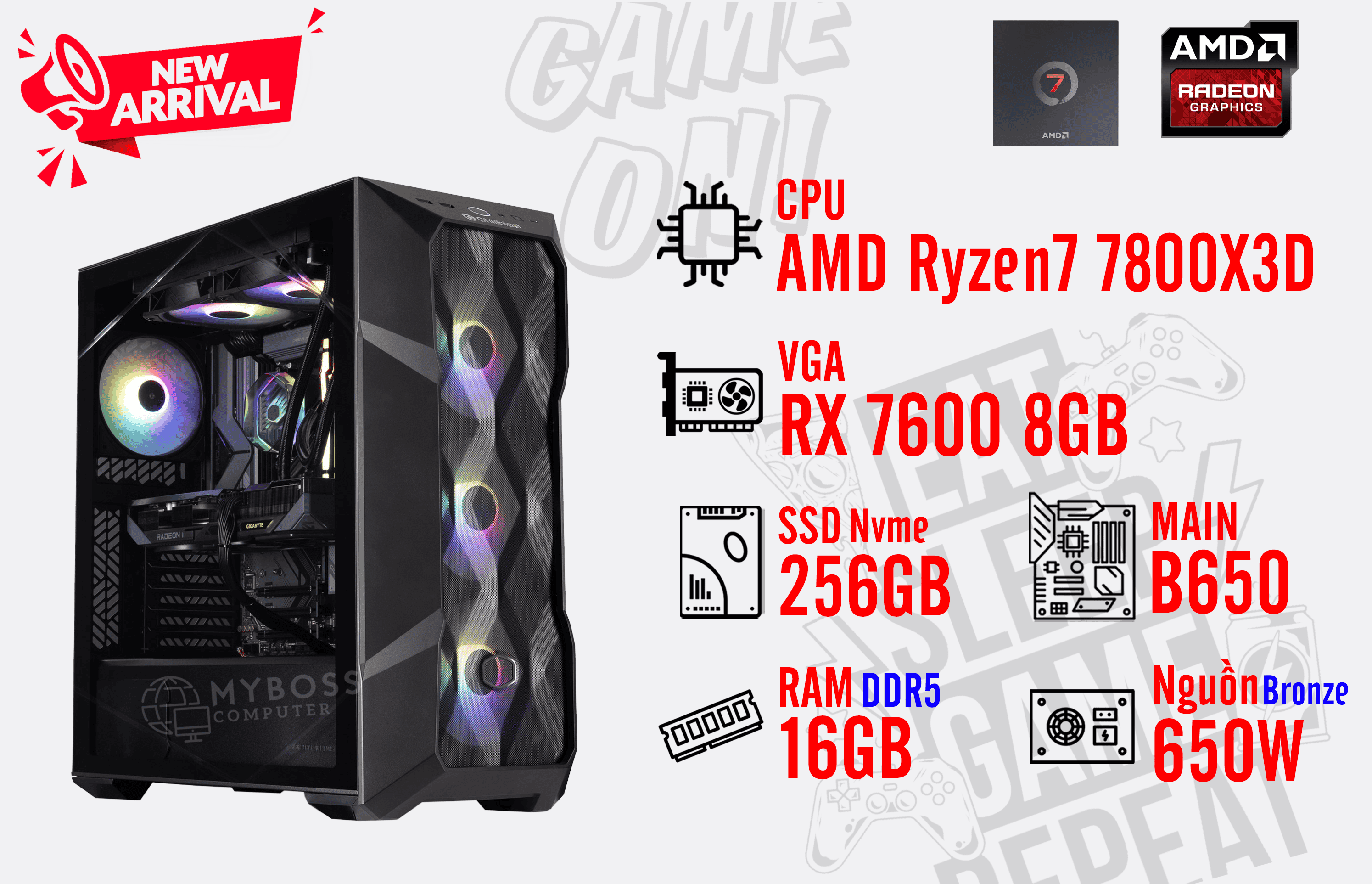 Bộ PC AMD Ryzen 7 7800X3D/ RAM 16G DDR5/ SSD Nvme 256G/ VGA RX 7600 8GB