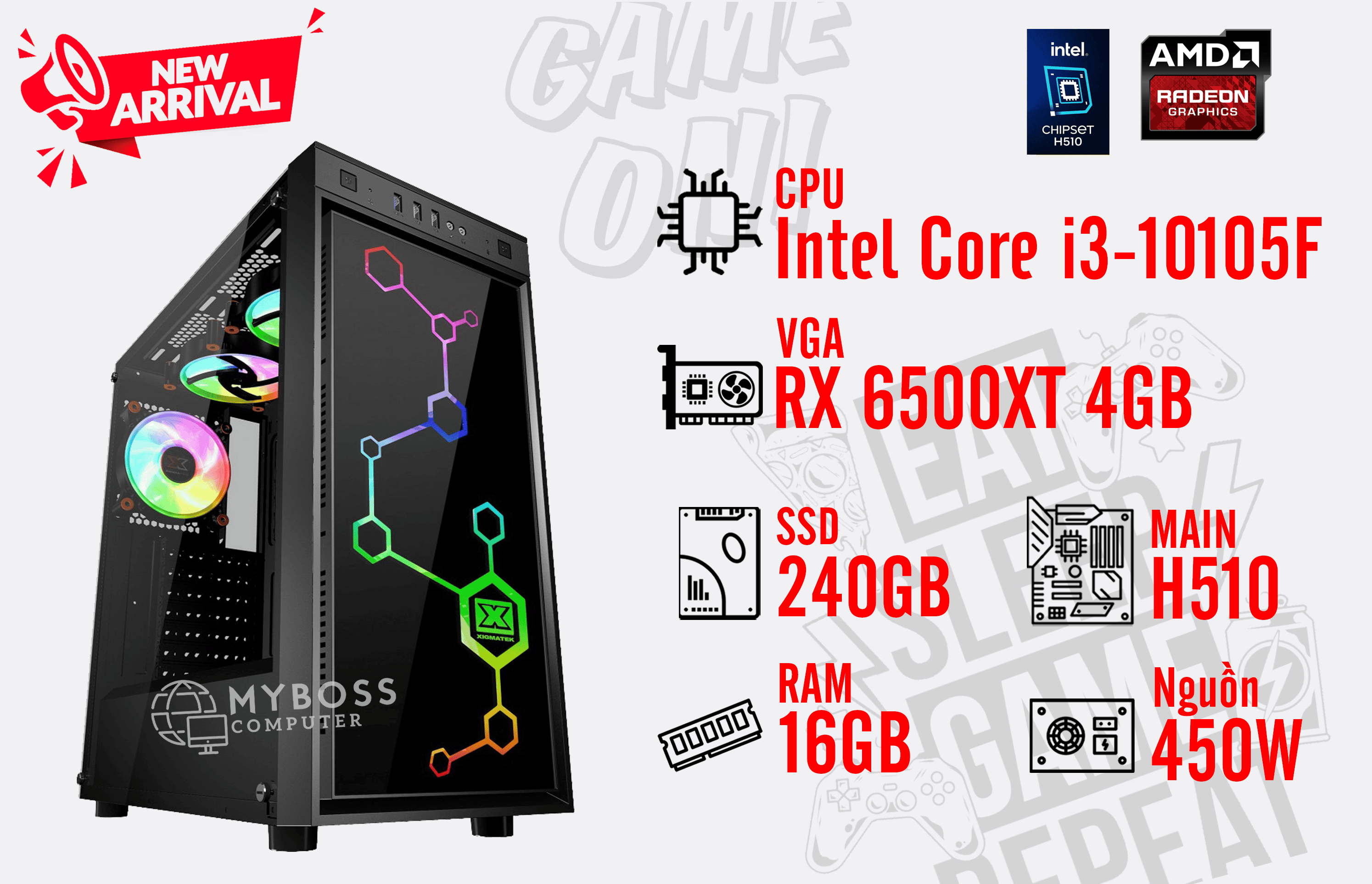 Bộ PC HELA V2 I3-10105F/ RAM 16G/ SSD 240G/ VGA RX 6500XT