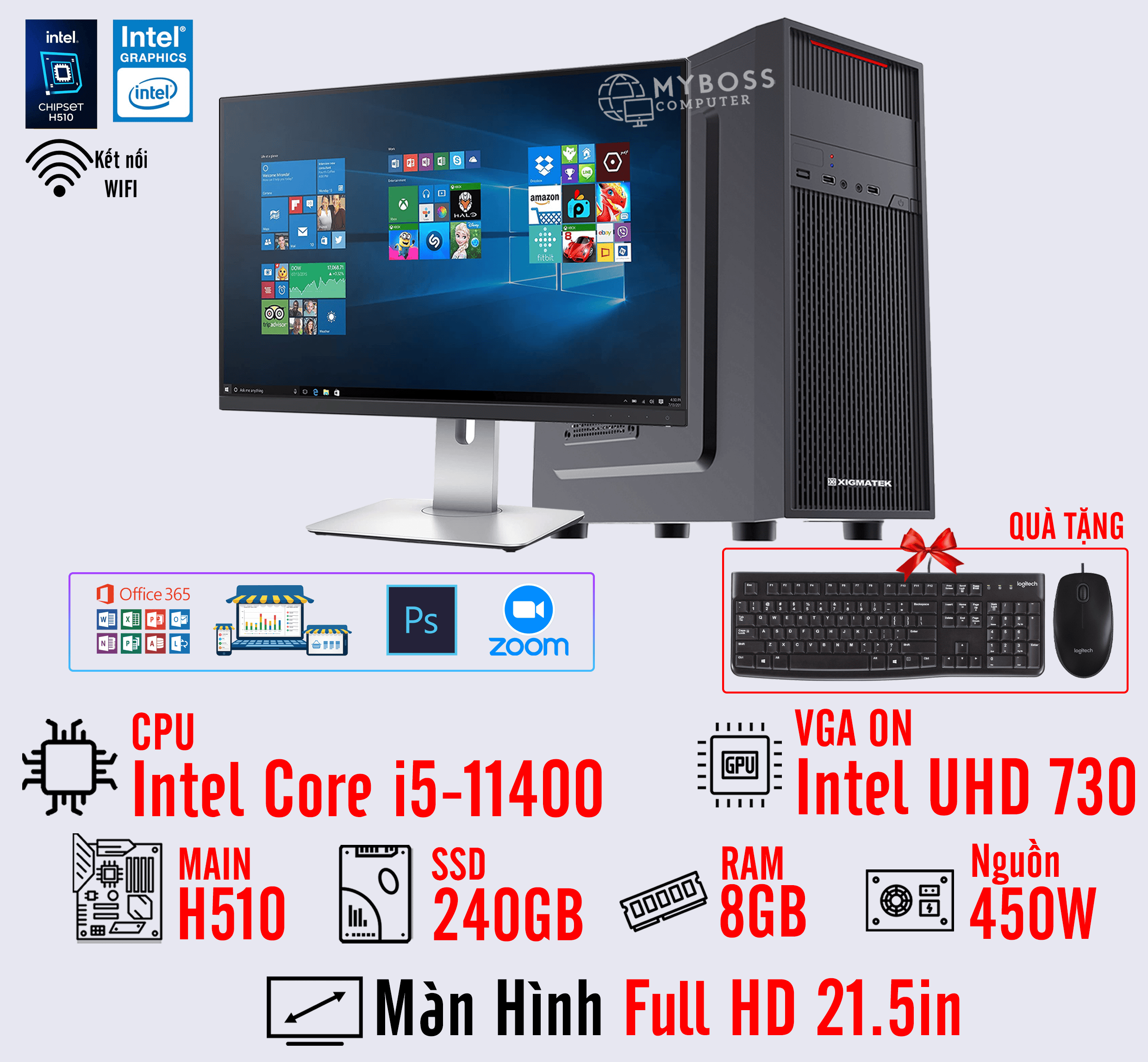 BỘ PC OFFICE I5-11400 - RAM 16G - SSD 240G - VGA On UHD 730 - MÀN HÌNH 21.5in