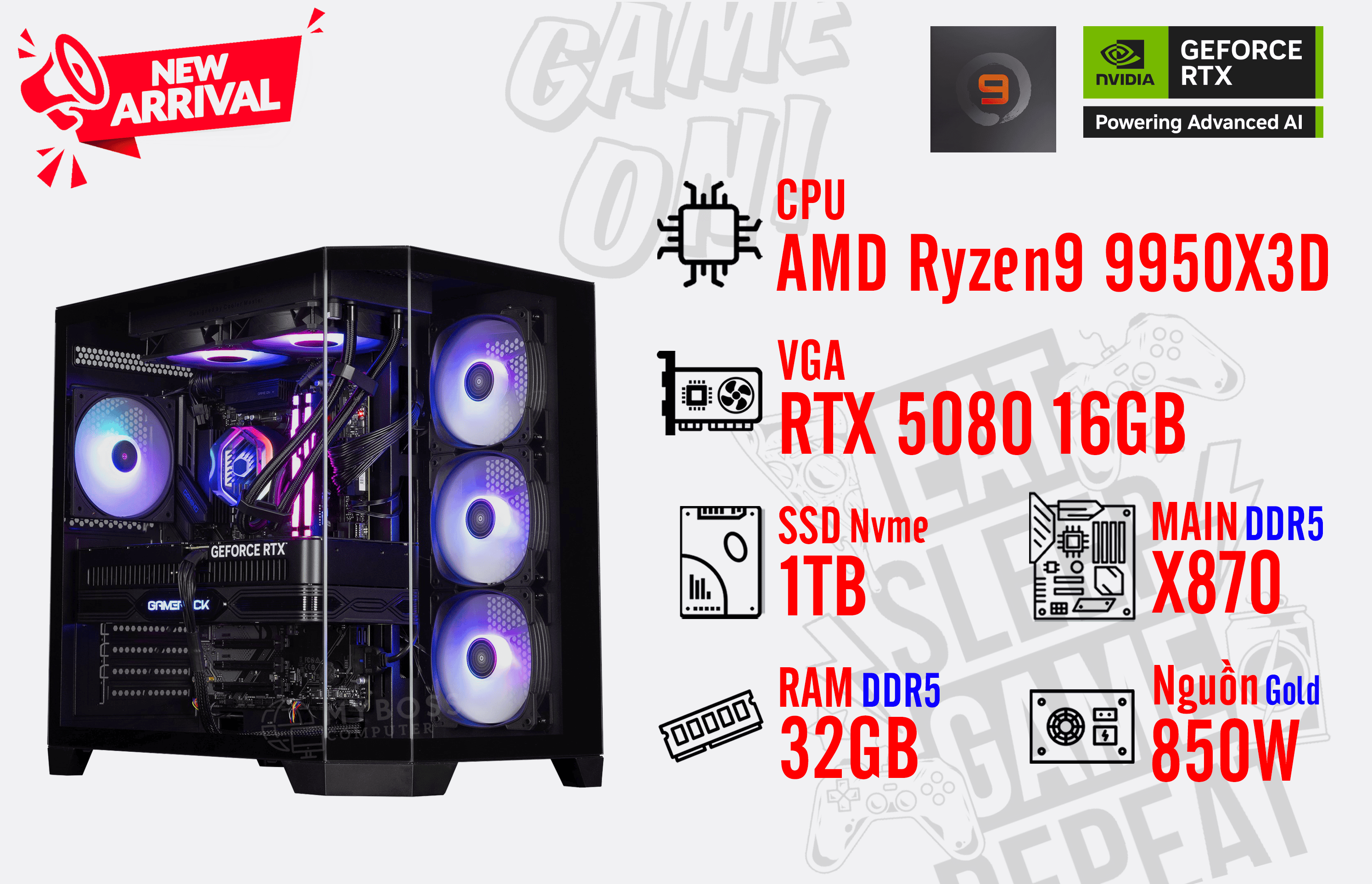 Bộ PC AMD Ryzen 9 9950X3D/ RAM 32G DDR5/ SSD Nvme 1TB/ VGA RTX 5080 16GB