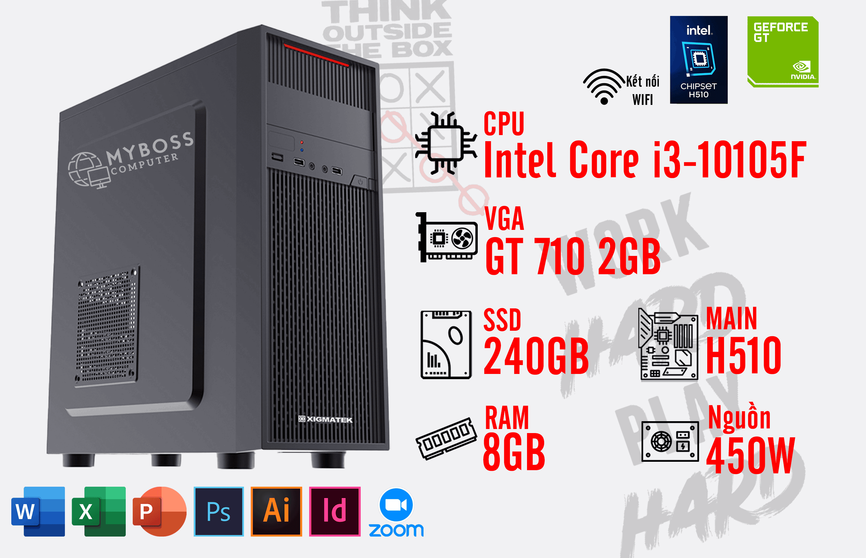 BỘ PC OFFICE I3-10105F - RAM 8G - SSD 240G - VGA GT 710 2G - Wifi- Win 11 bản quyền