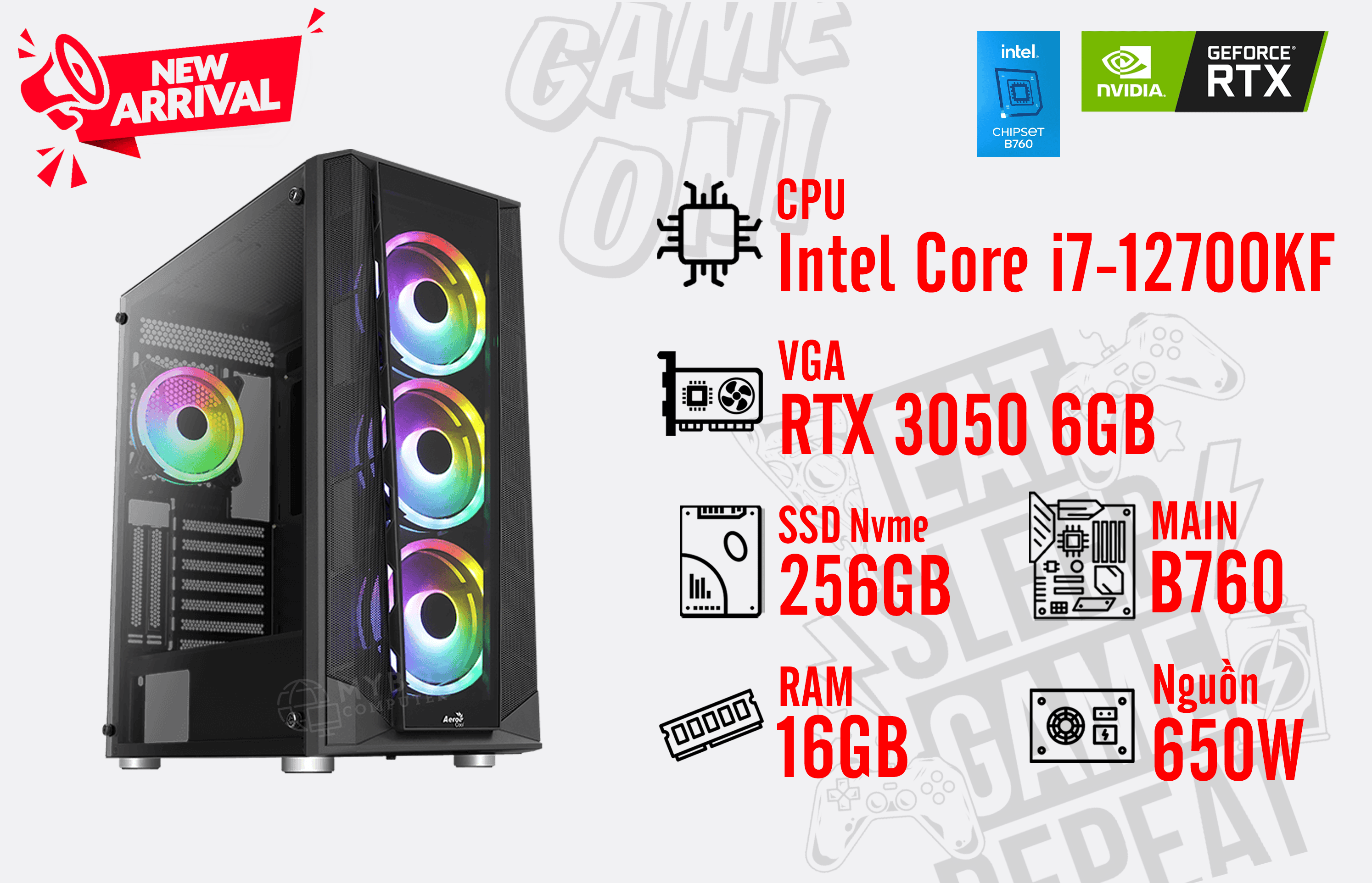 Bộ PC I7-12700KF/ RAM 16GB/ SSD Nvme 256GB/ VGA RTX 3050 6GB
