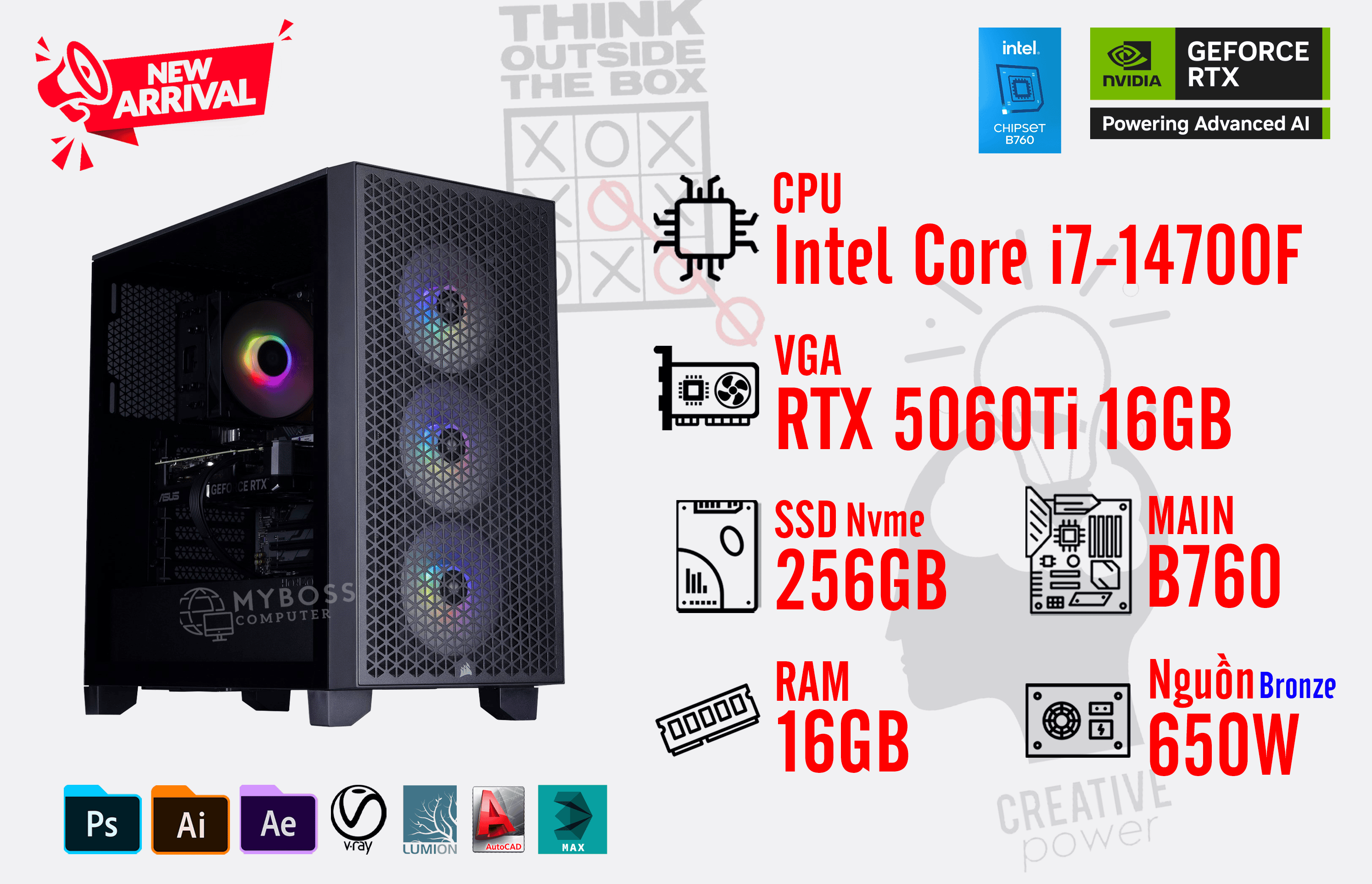 Bộ PC I7-14700F/ RAM 16GB/ SSD Nvme 256GB/ VGA RTX 5060Ti 16GB