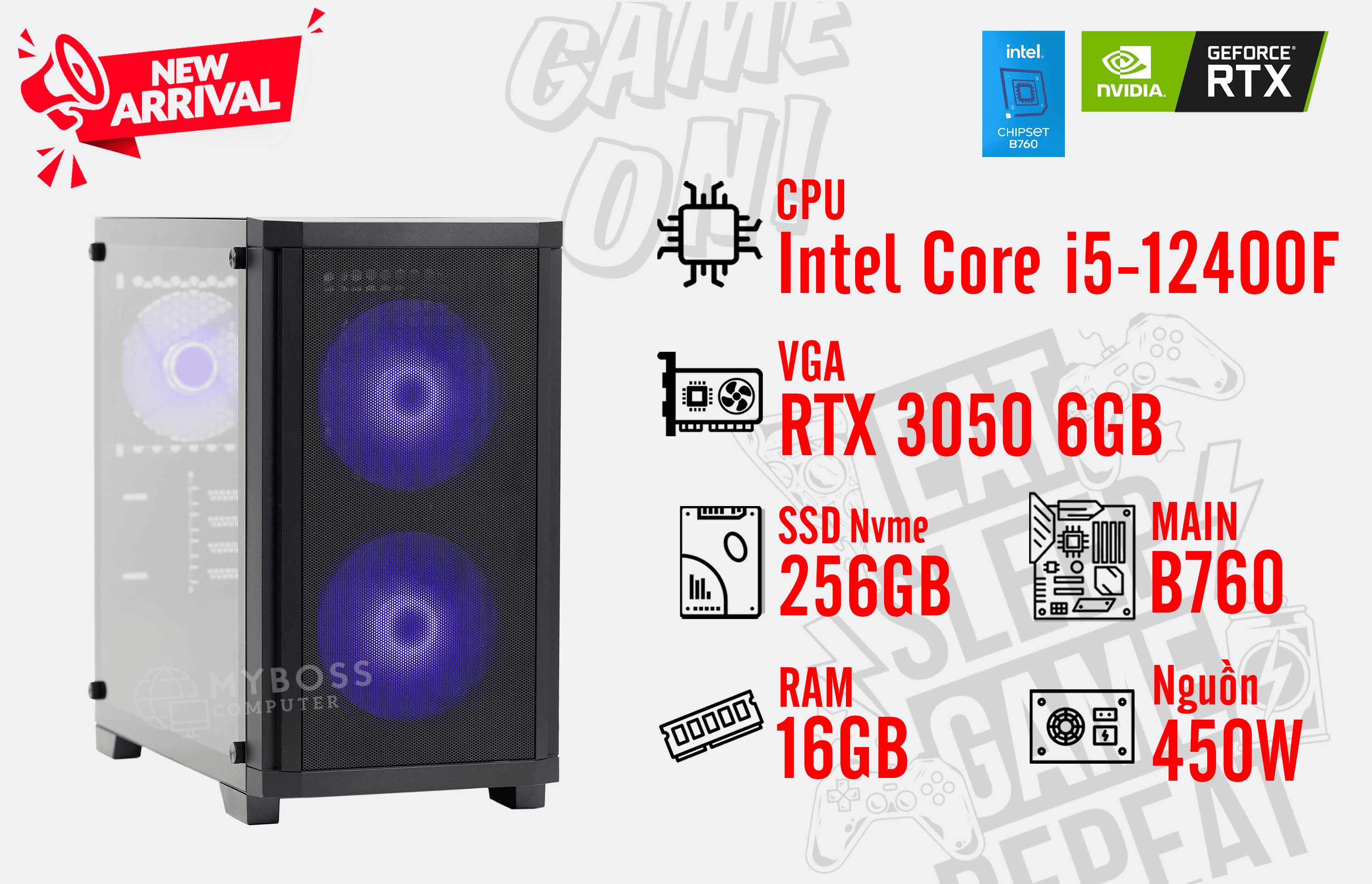 Bộ PC GAMING I5-12400F/ RAM 16G/ SSD Nvme 256G/ VGA RTX 3050 6GB