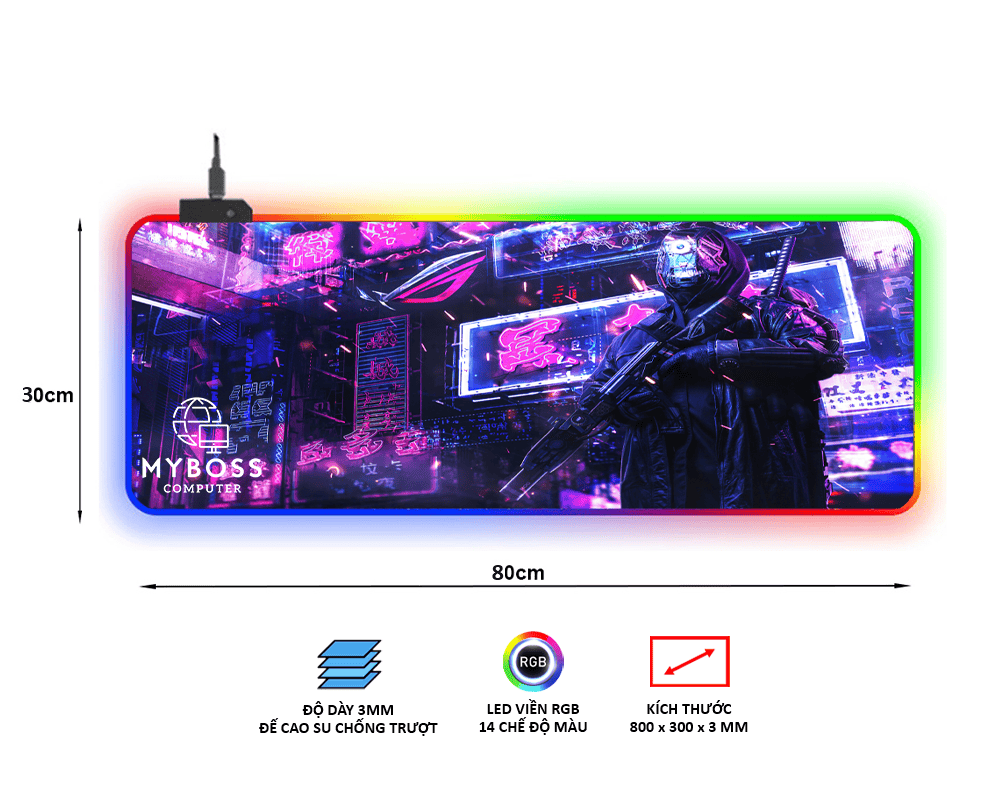 Bàn Di Pad Chuột Gaming Extended XL, Led Viền RGB, Kích Thước: 80x30cm, Dày: 3mm Siêu Bền