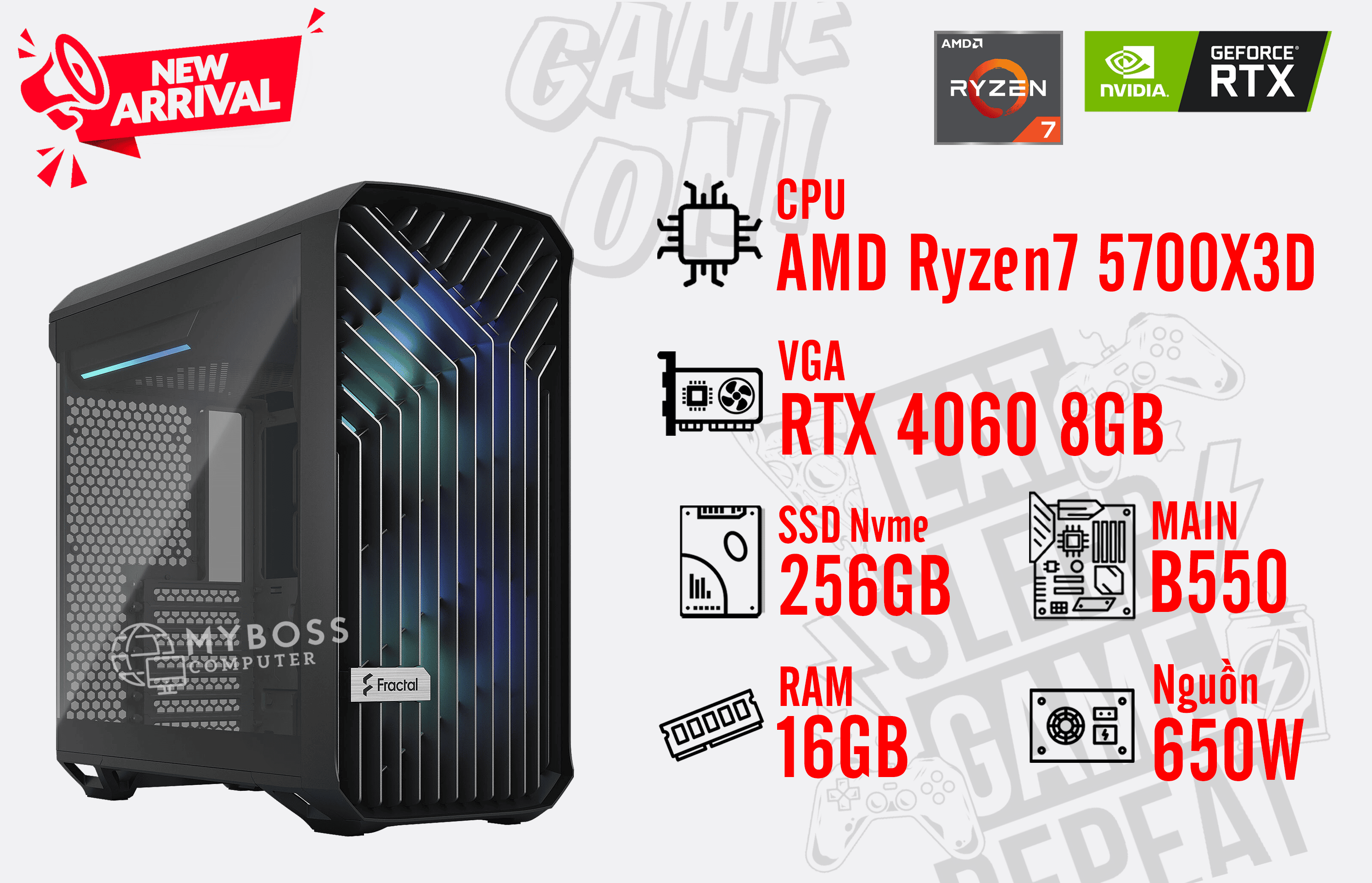Bộ PC AMD Ryzen 7 5700X3D/ RAM 16G/ SSD Nvme 256G/ VGA RTX 4060 8GB