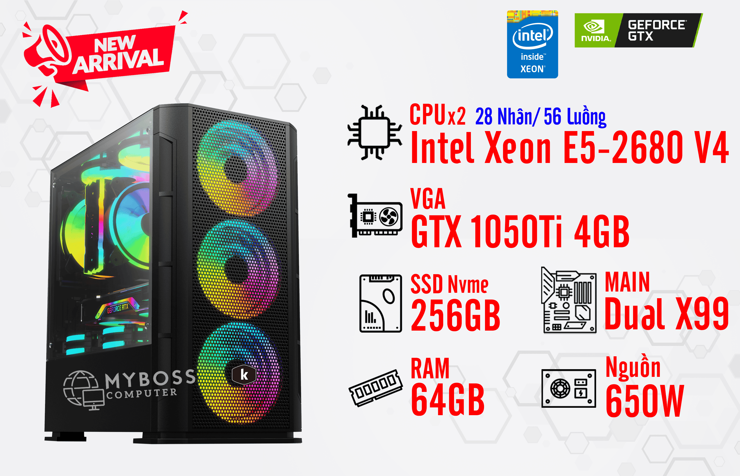 BỘ PC NOX, RENDER DUAL XEON E5-2680 V4/ RAM 64G/ VGA GTX 1050Ti 4G (28 Nhân - 56 Luồng)