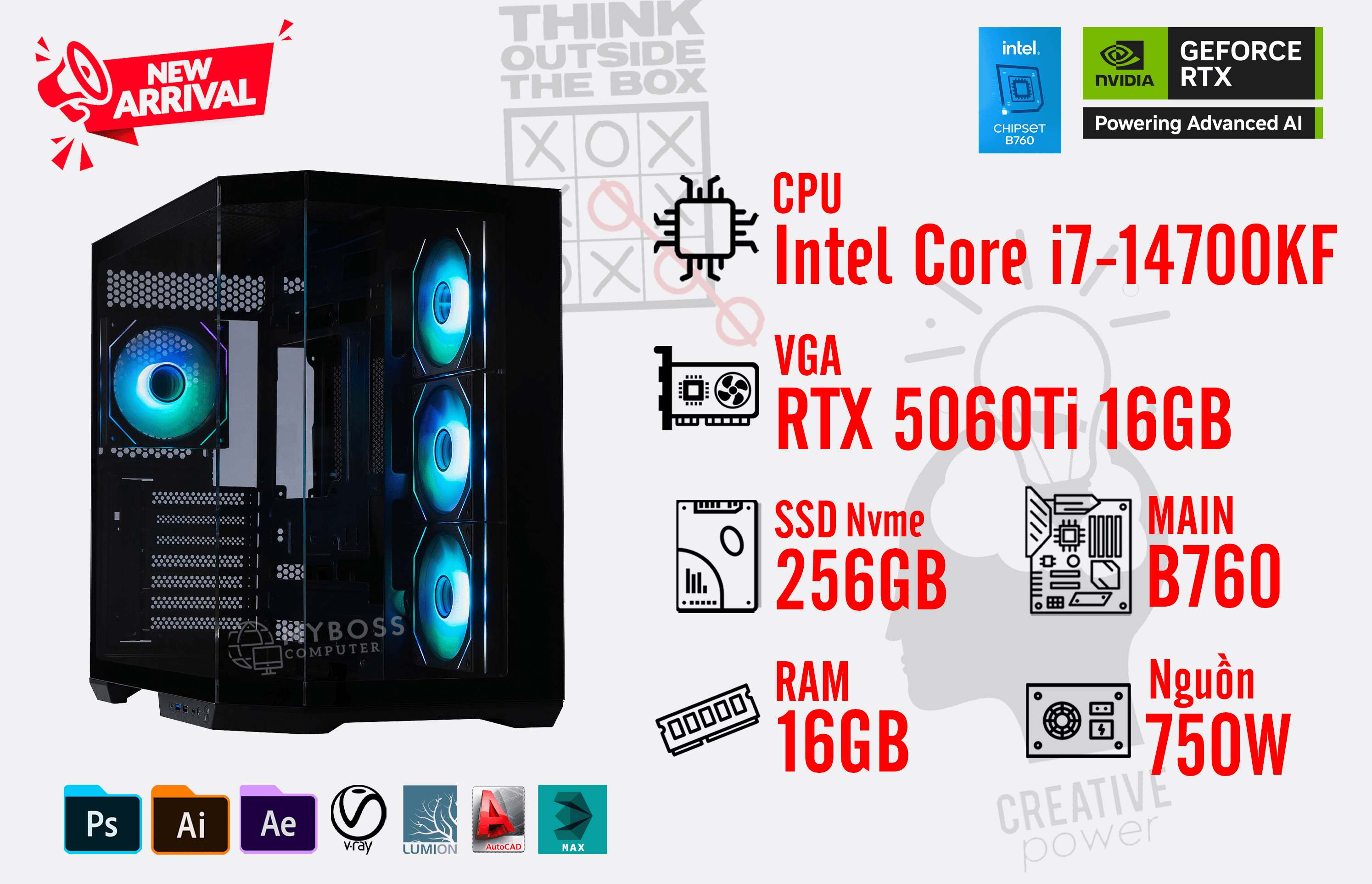 Bộ PC I7-14700KF/ RAM 16GB/ SSD Nvme 256GB/ VGA RTX 5060Ti 16GB