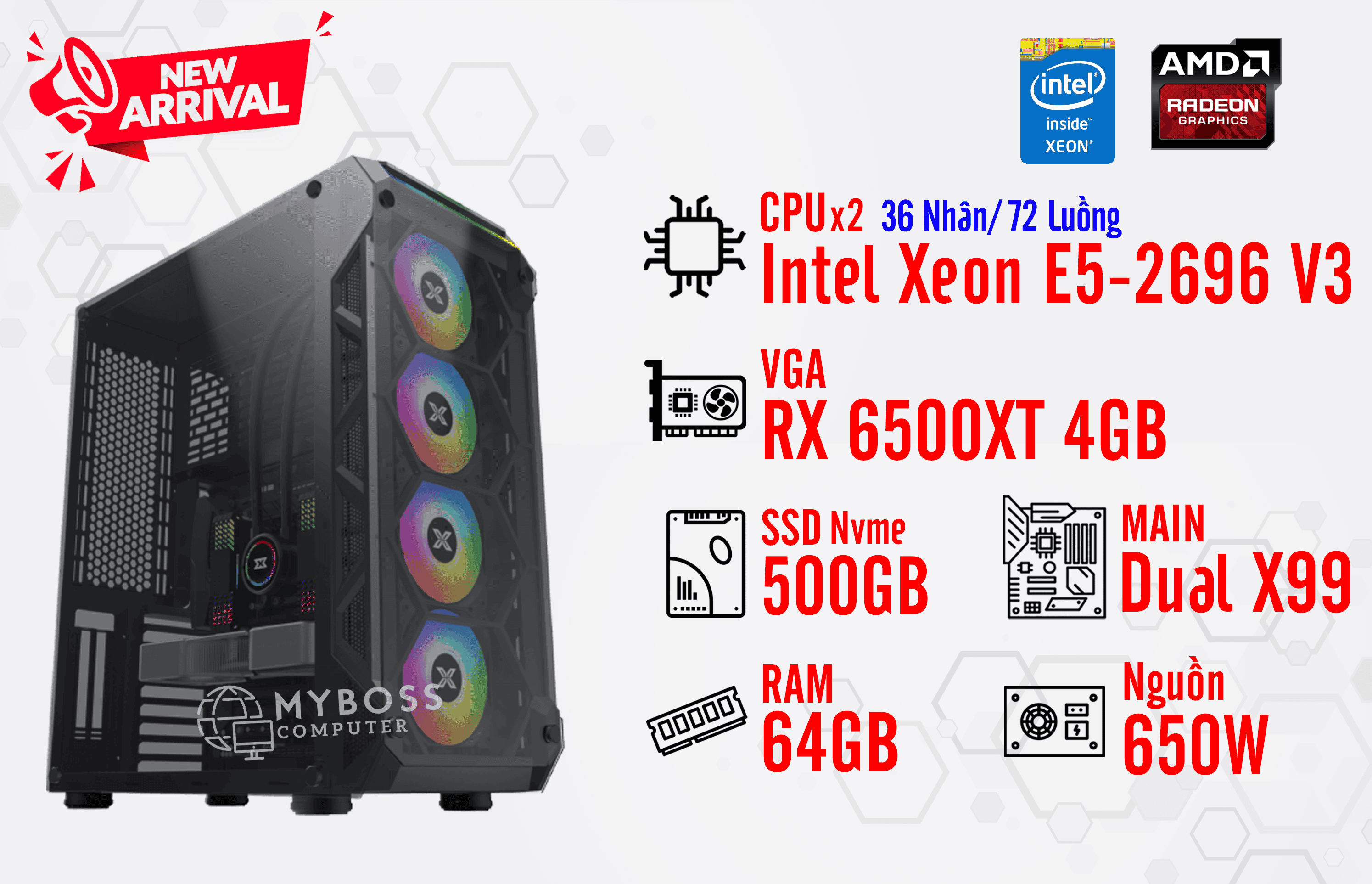 BỘ PC NOX, RENDER DUAL XEON E5-2696 V3/ RAM 64G/ VGA RX 6500XT 4G (36 Nhân - 72 Luồng)