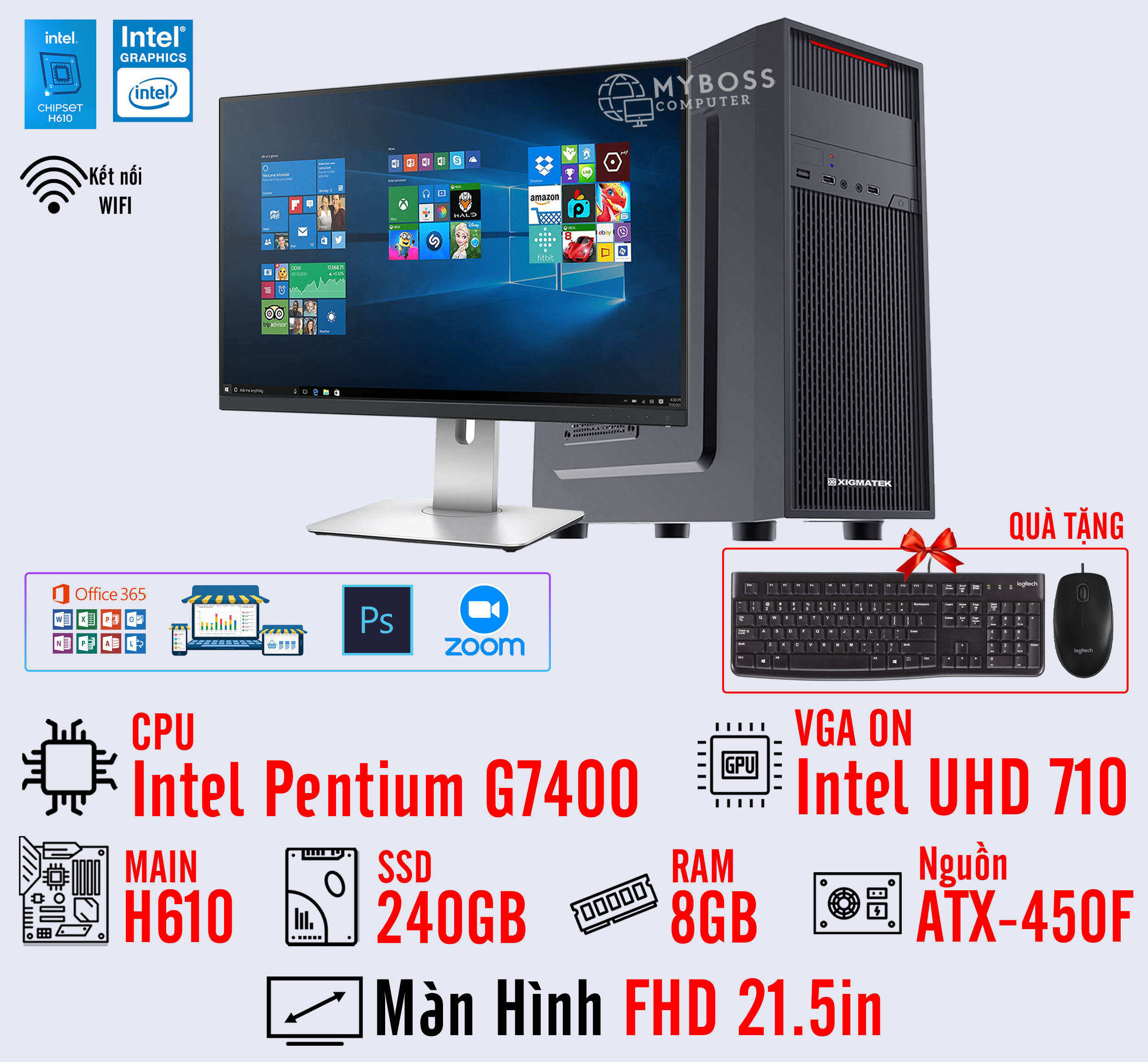 BỘ PC OFFICE G7400 - RAM 8G - SSD 240G - VGA On UHD 710 - MÀN HÌNH 21.5in- Wifi